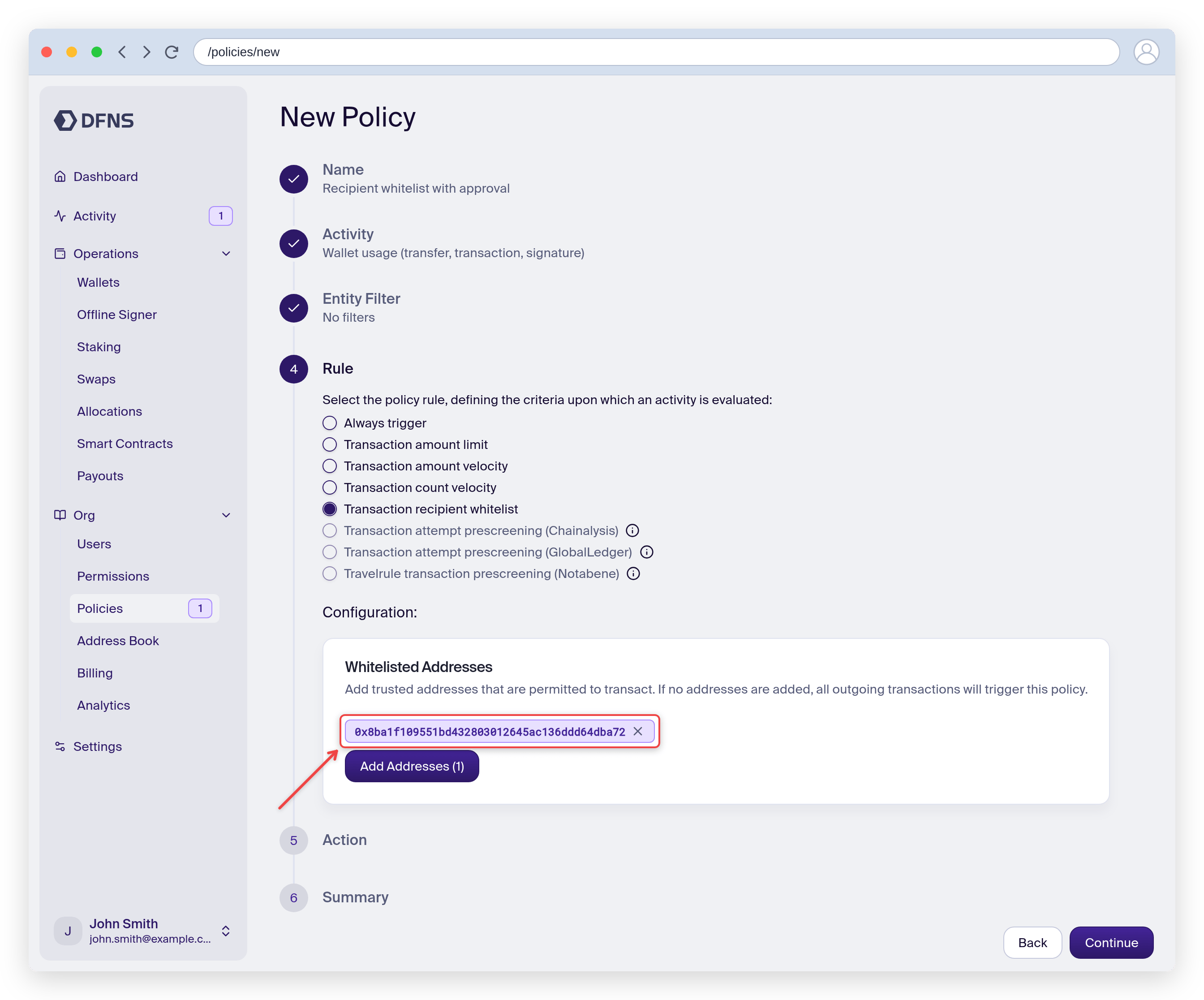 Policy wizard Rule step with a whitelisted address configured