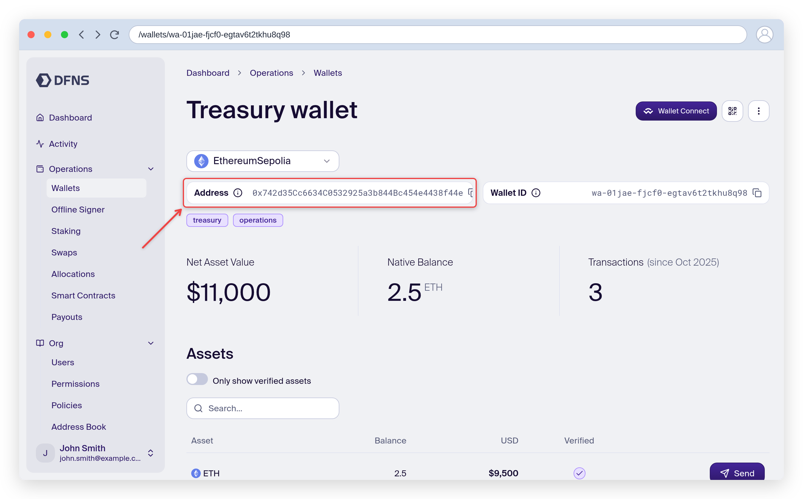 Wallet detail page showing the address, balances and assets