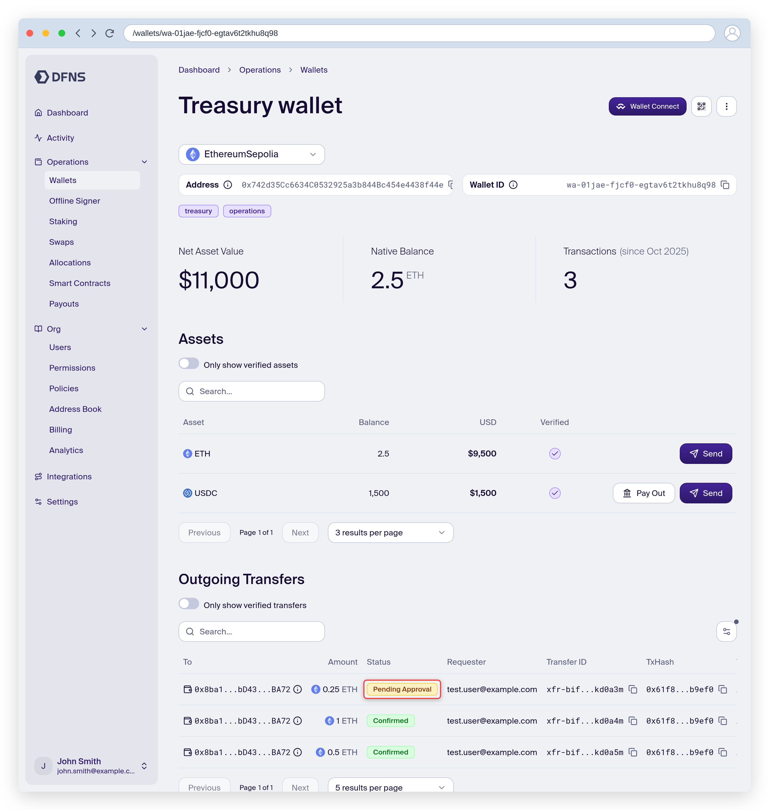 Wallet detail page showing assets, balances and transfers