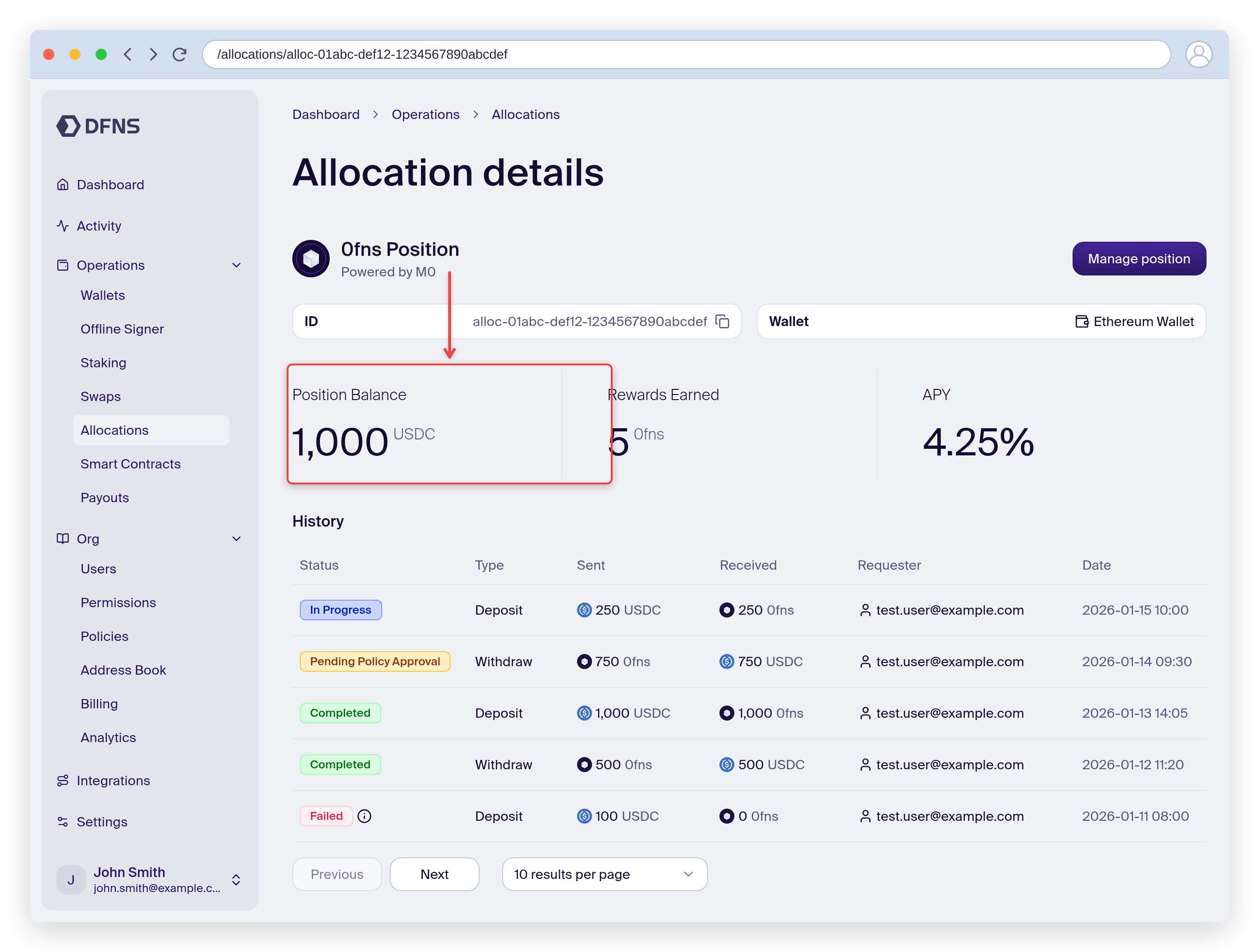 Allocation detail page showing position balance and rewards