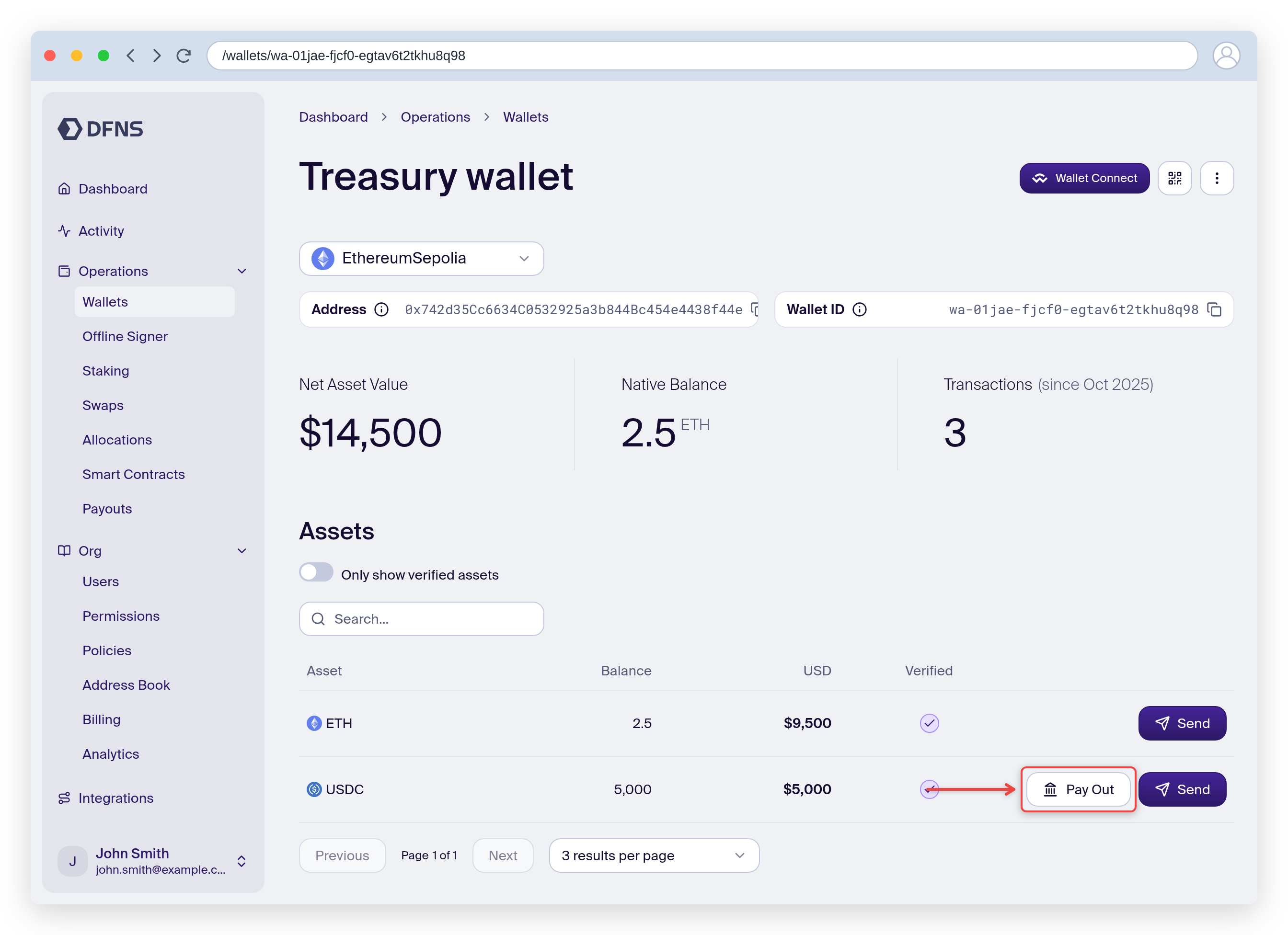 Wallet assets with the Pay Out button on the USDC row highlighted