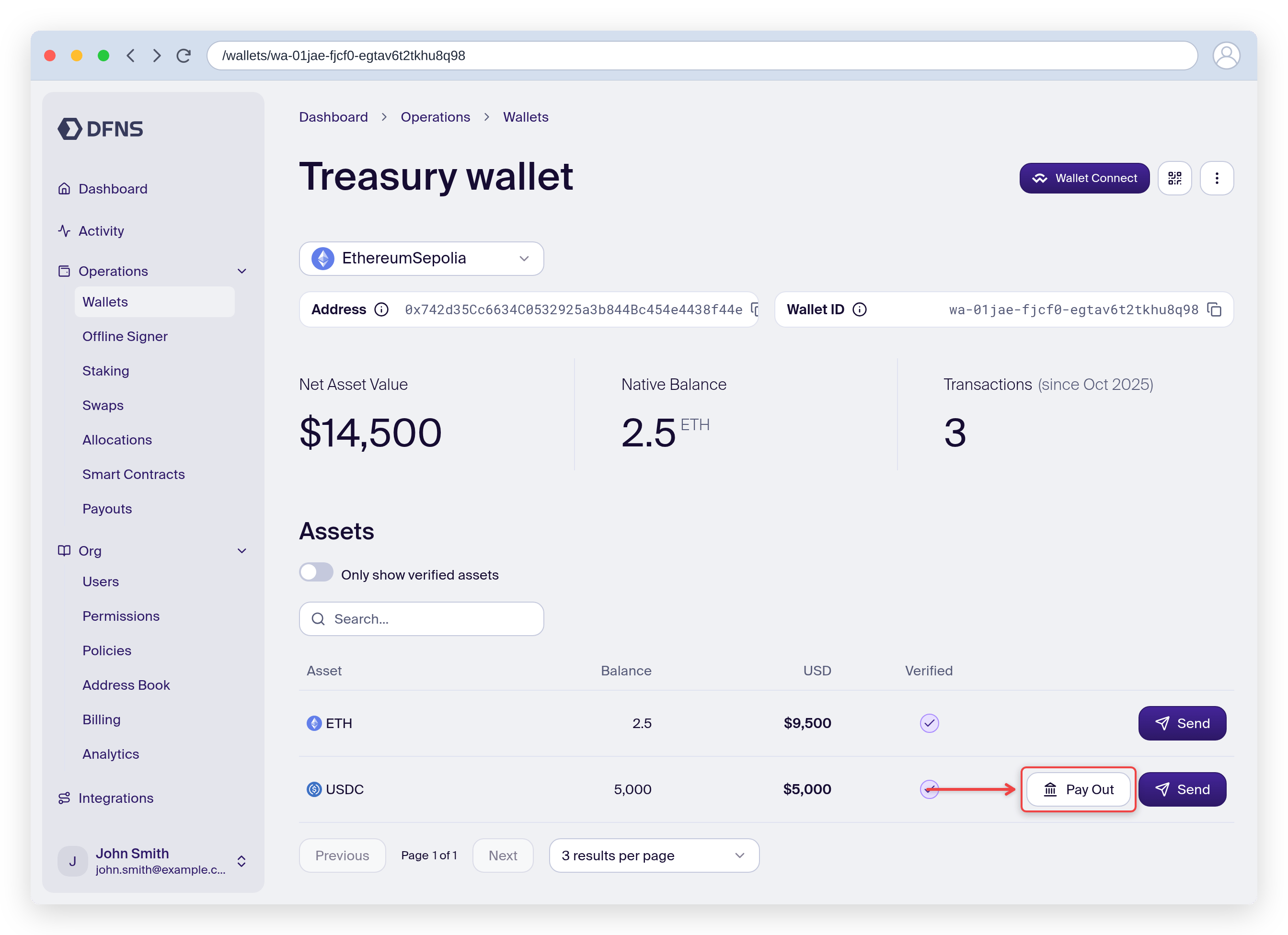 Wallet assets with the Pay Out button on the USDC row highlighted