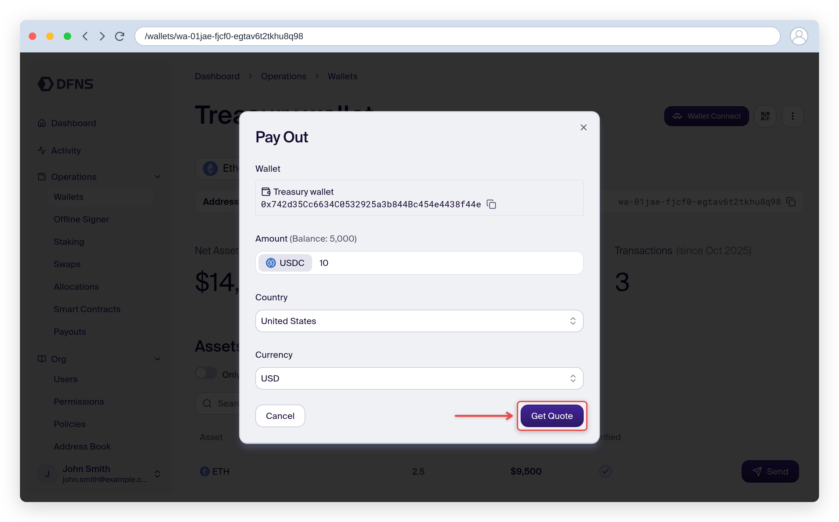 Pay Out modal with amount, destination country and the Get Quote button