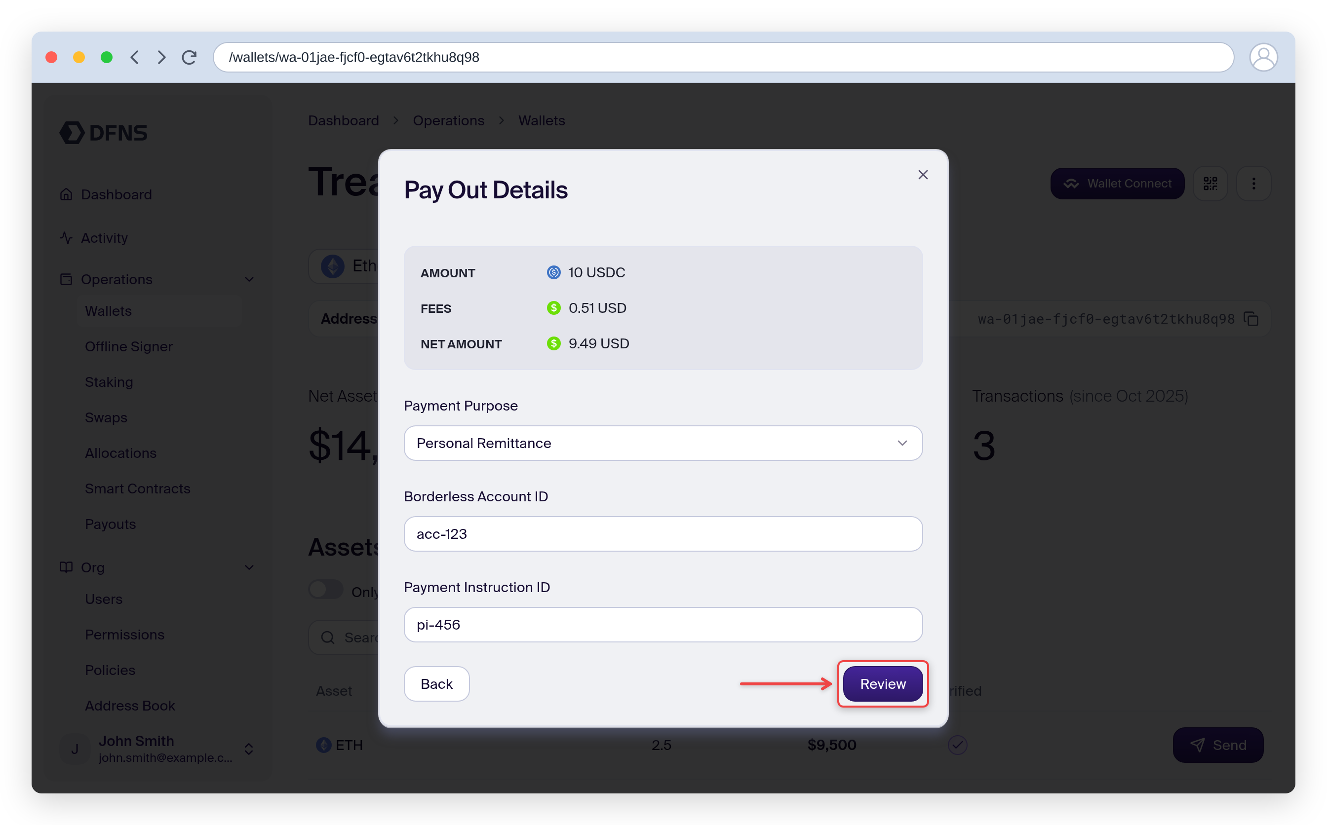 Pay Out Details with quote breakdown, payment purpose, account and instruction fields