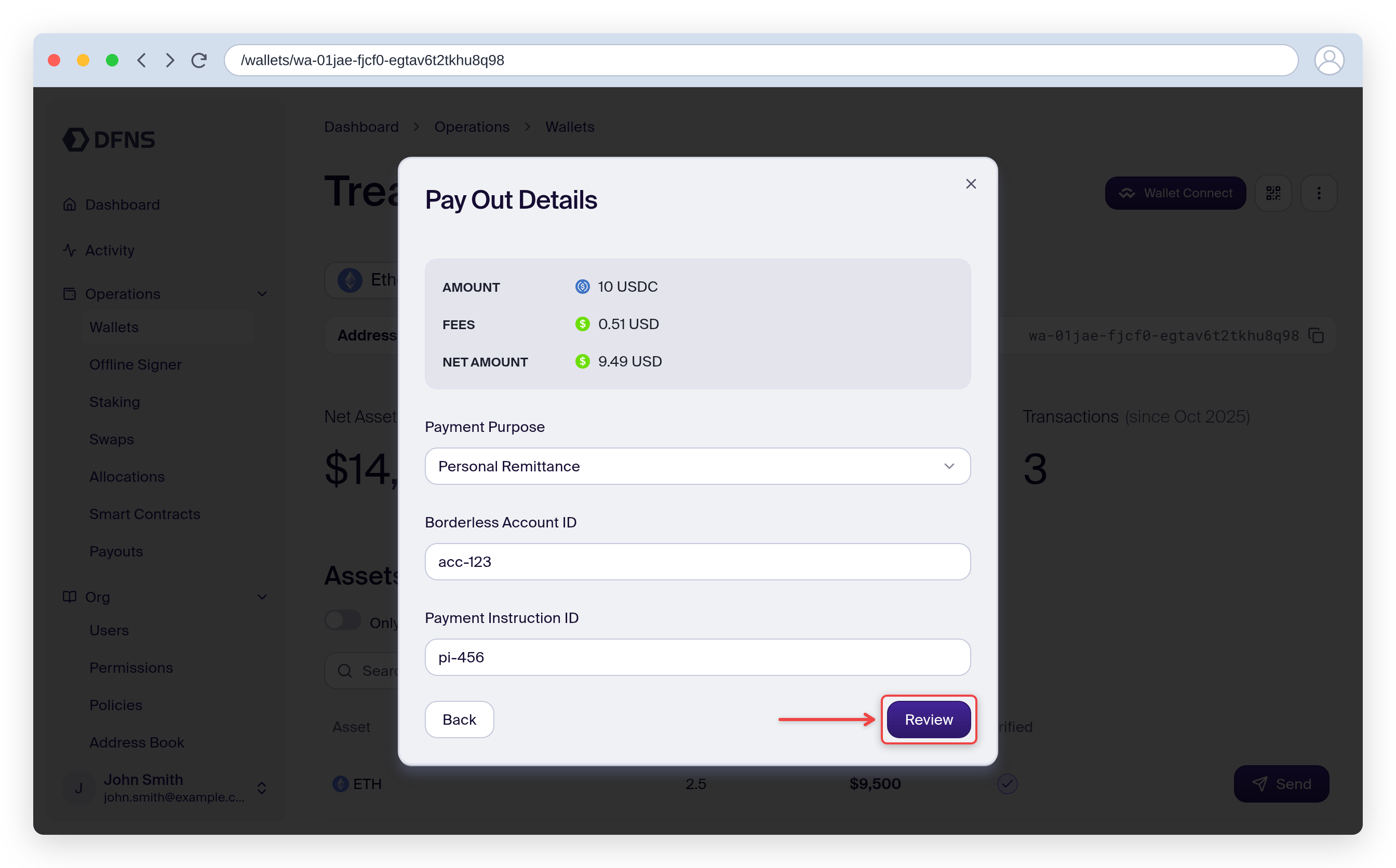 Pay Out Details with quote breakdown, payment purpose, account and instruction fields