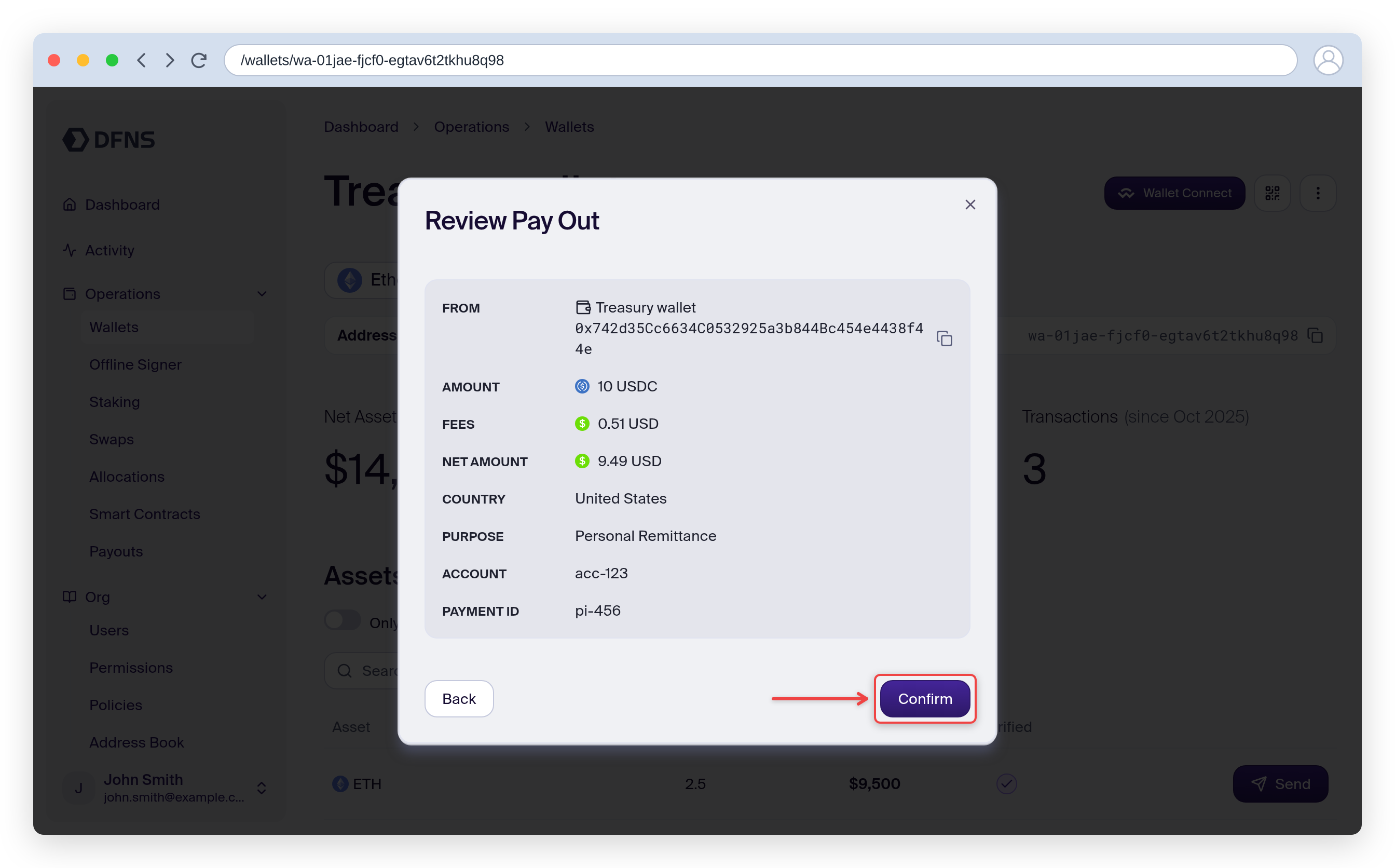Review Pay Out summary with the Confirm button