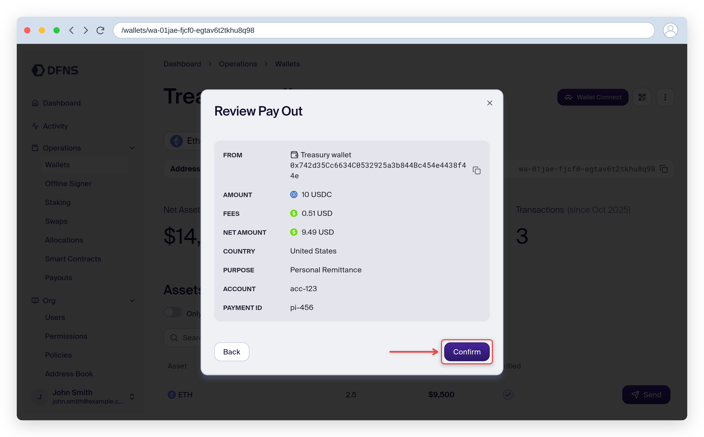 Review Pay Out summary with the Confirm button