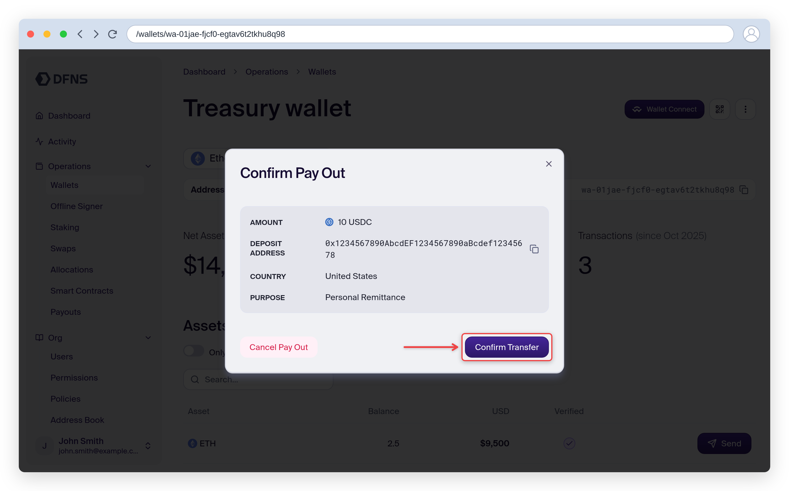 Confirm Pay Out dialog with the deposit address and the Confirm Transfer button