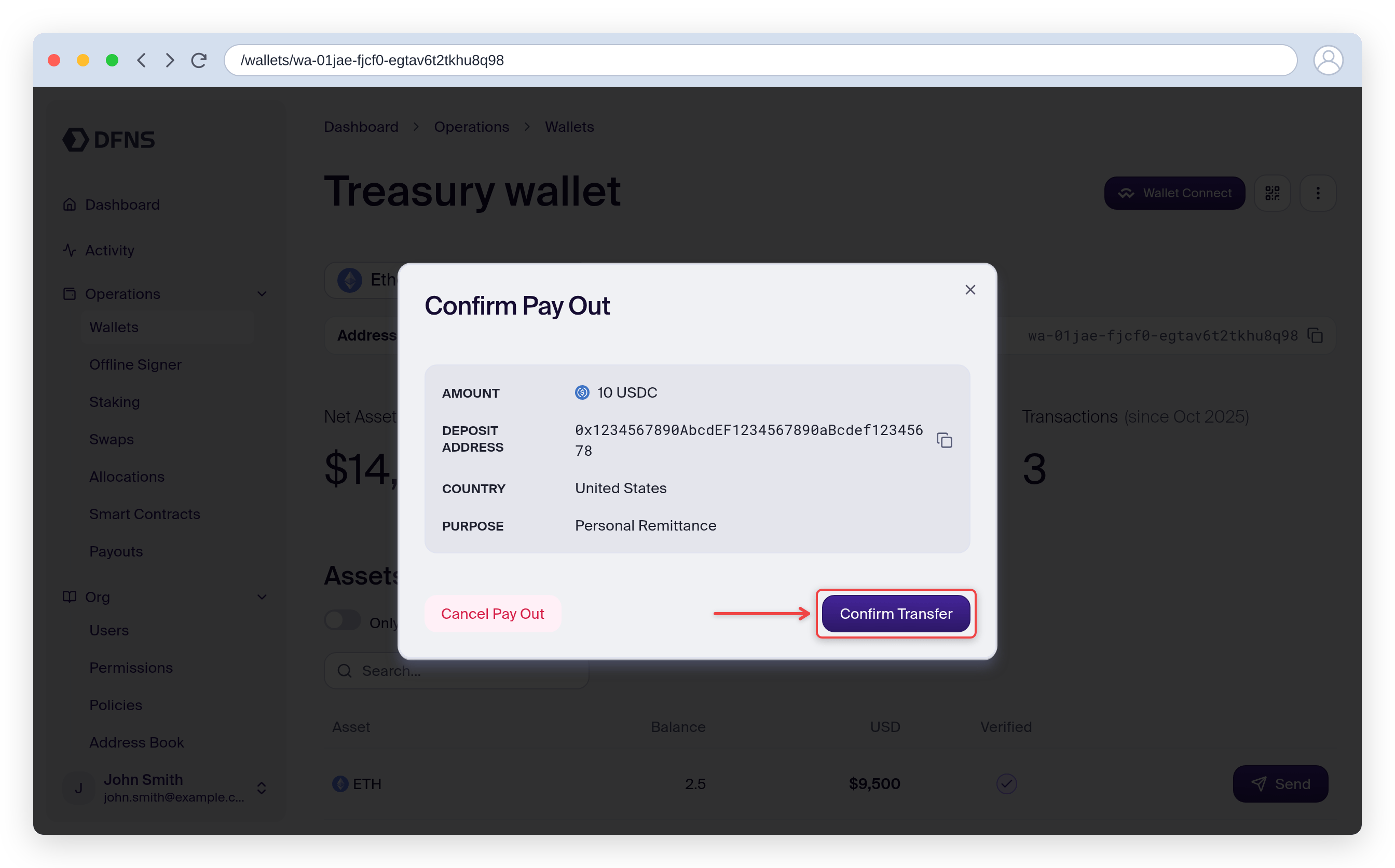 Confirm Pay Out dialog with the deposit address and the Confirm Transfer button