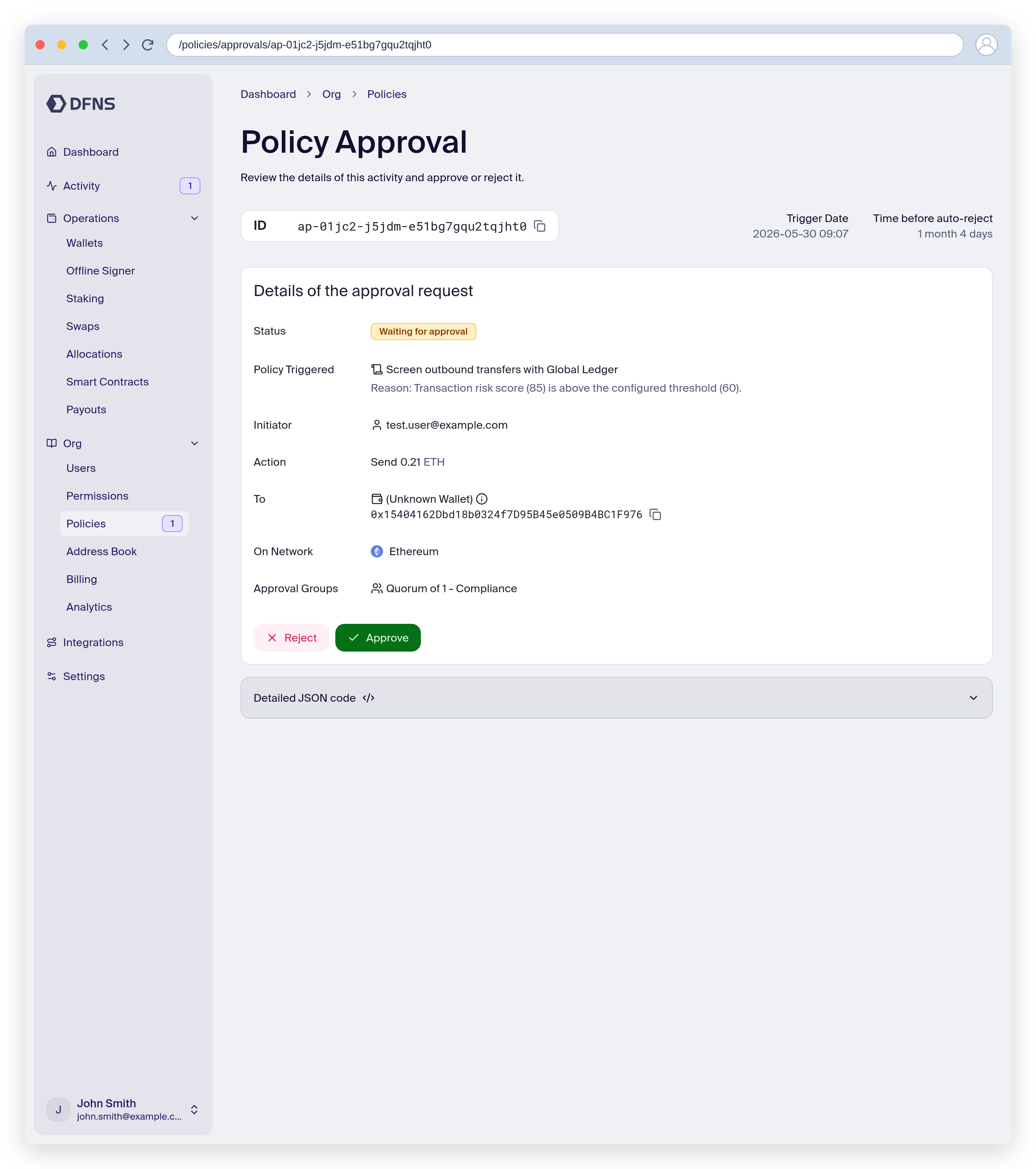 Pending policy approval triggered by a Global Ledger risk score above the threshold