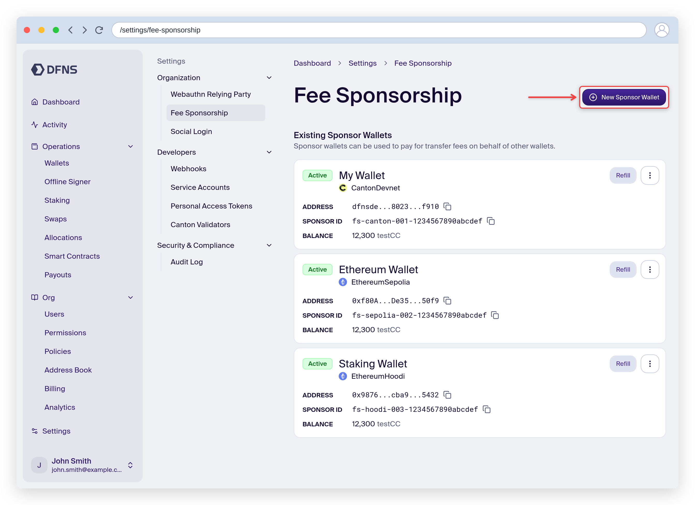 Fee sponsor wallets list with the New Sponsor Wallet button highlighted