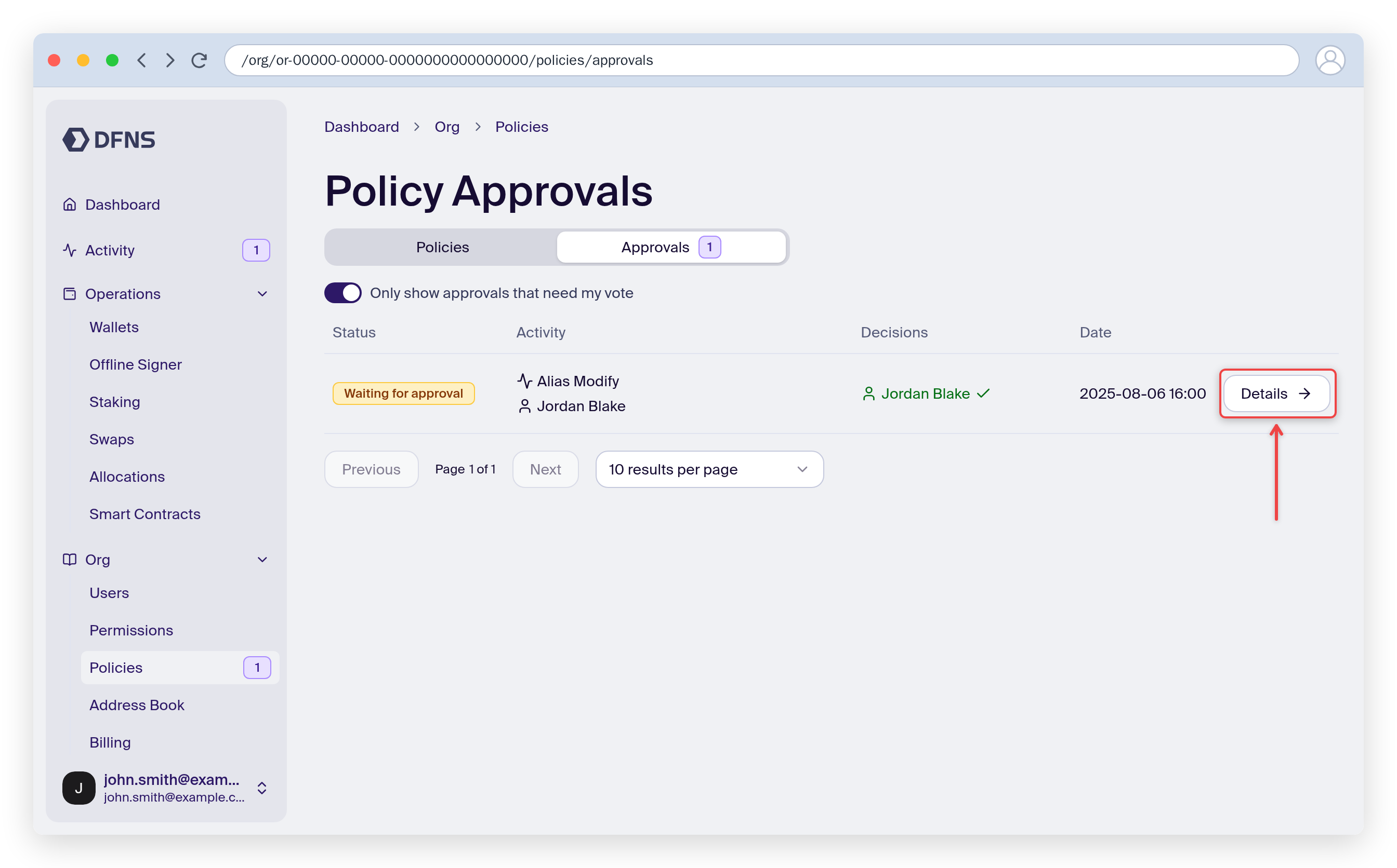 Policy Approvals list with a pending request and the Details link highlighted