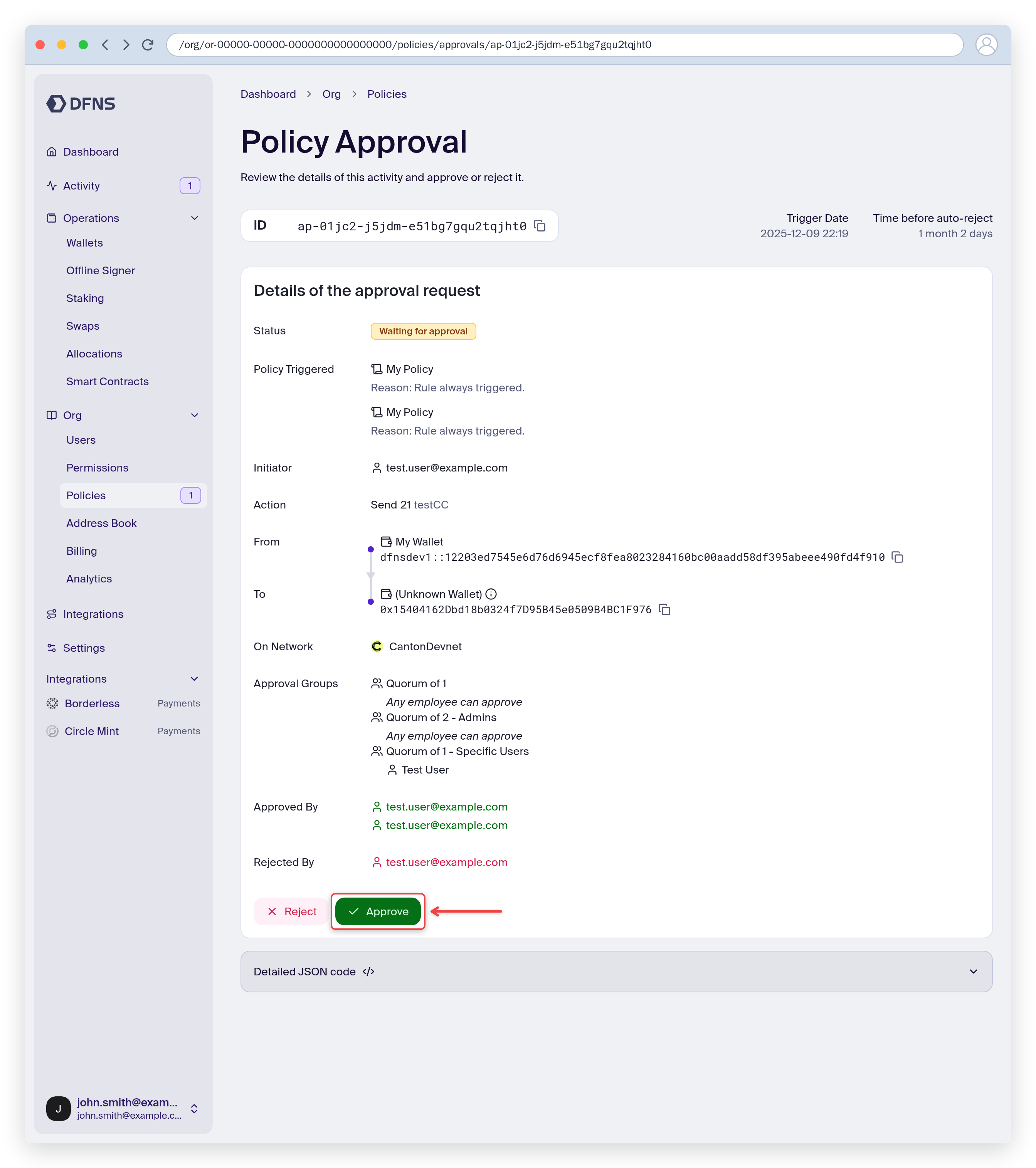 Approval detail page showing the transaction details with the Approve and Reject buttons
