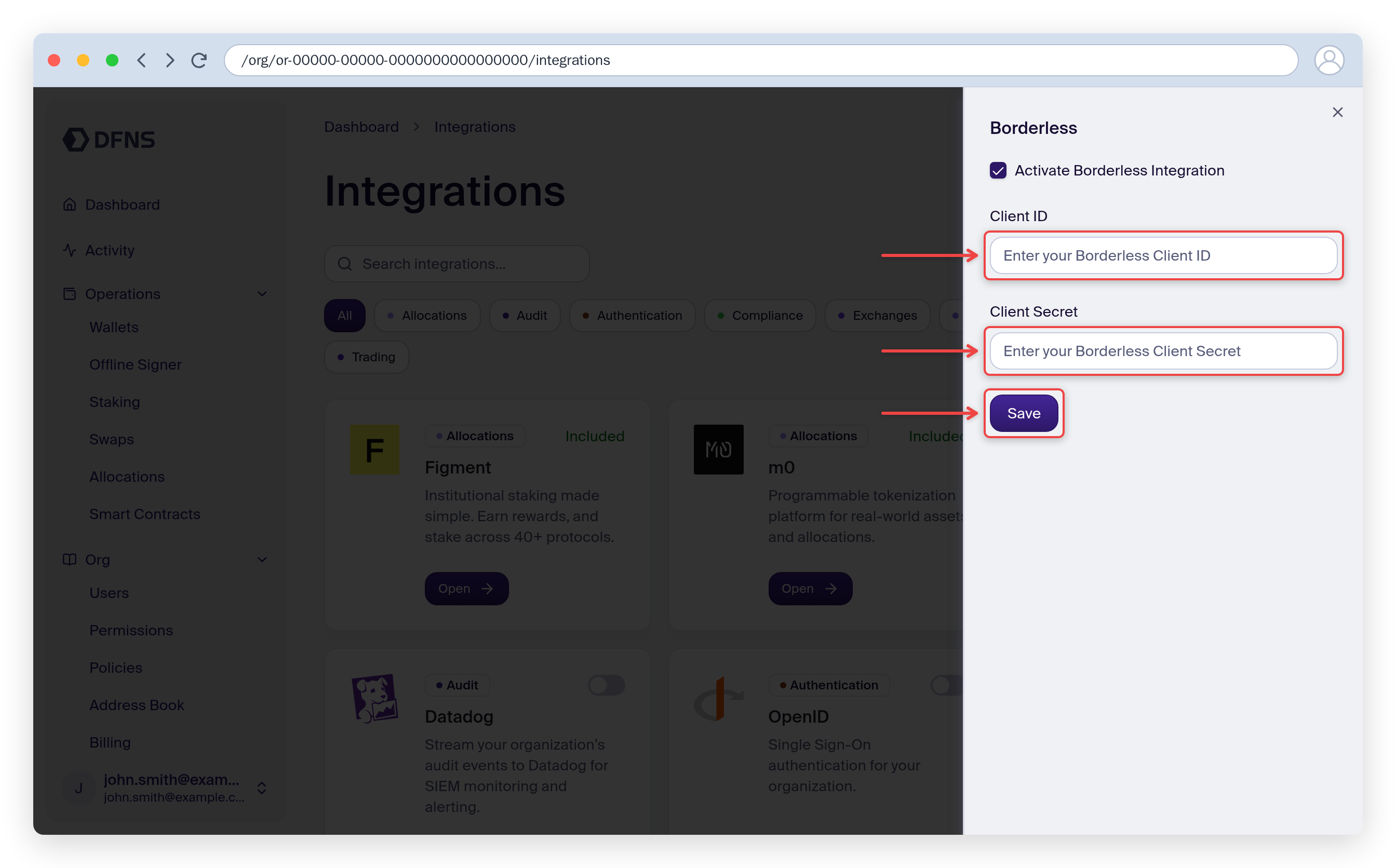Borderless integration settings with the Client ID and Client Secret fields