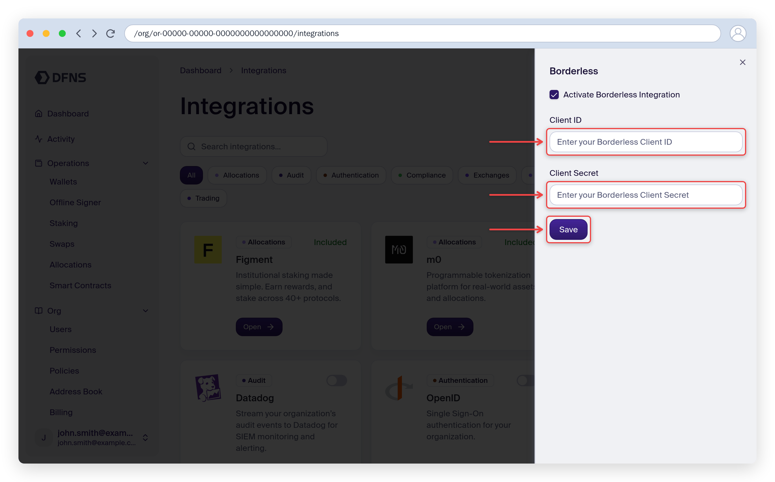 Borderless integration settings with the Client ID and Client Secret fields