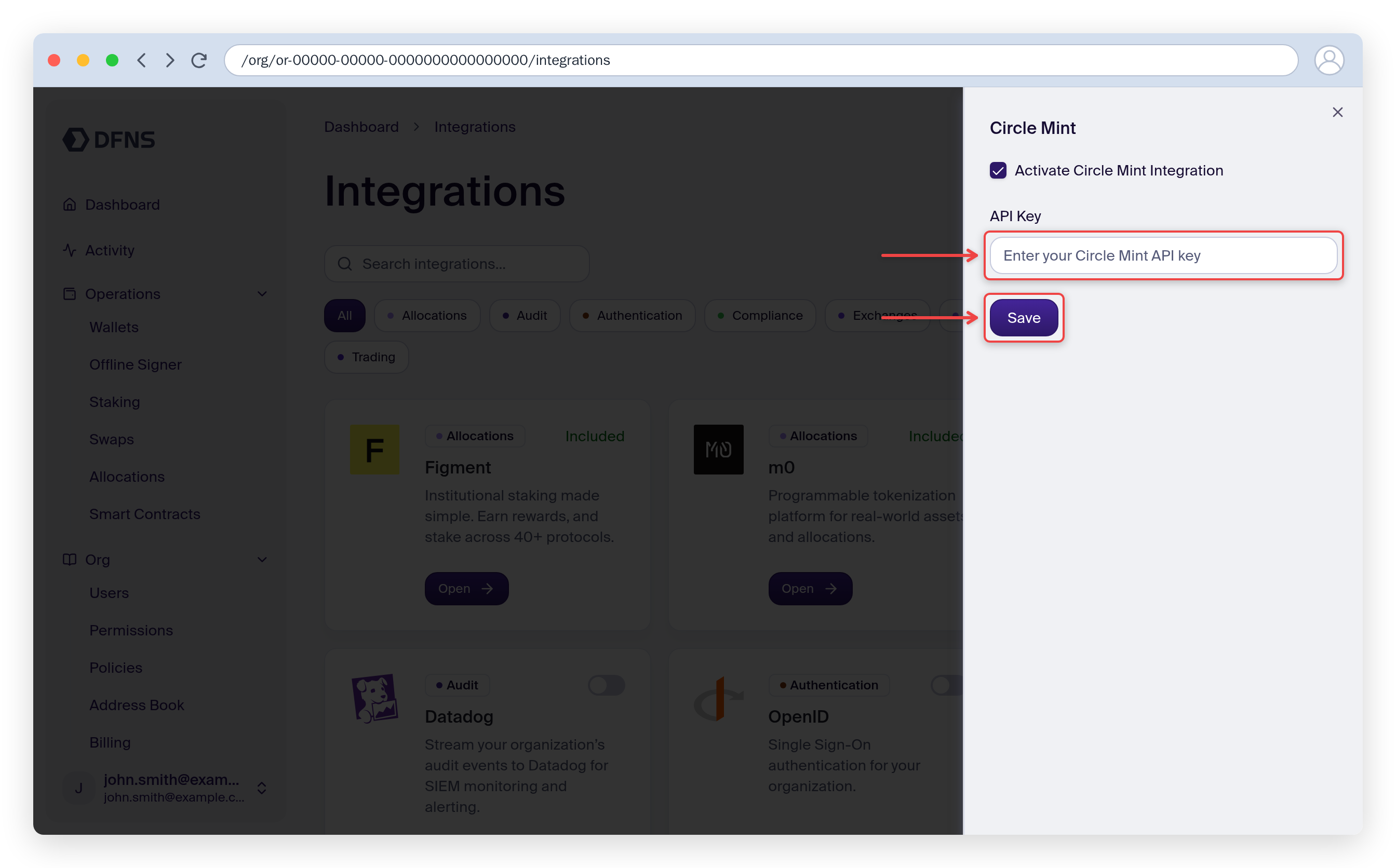 Circle Mint integration Configure form with the Activate checkbox, API Key field, and Save button