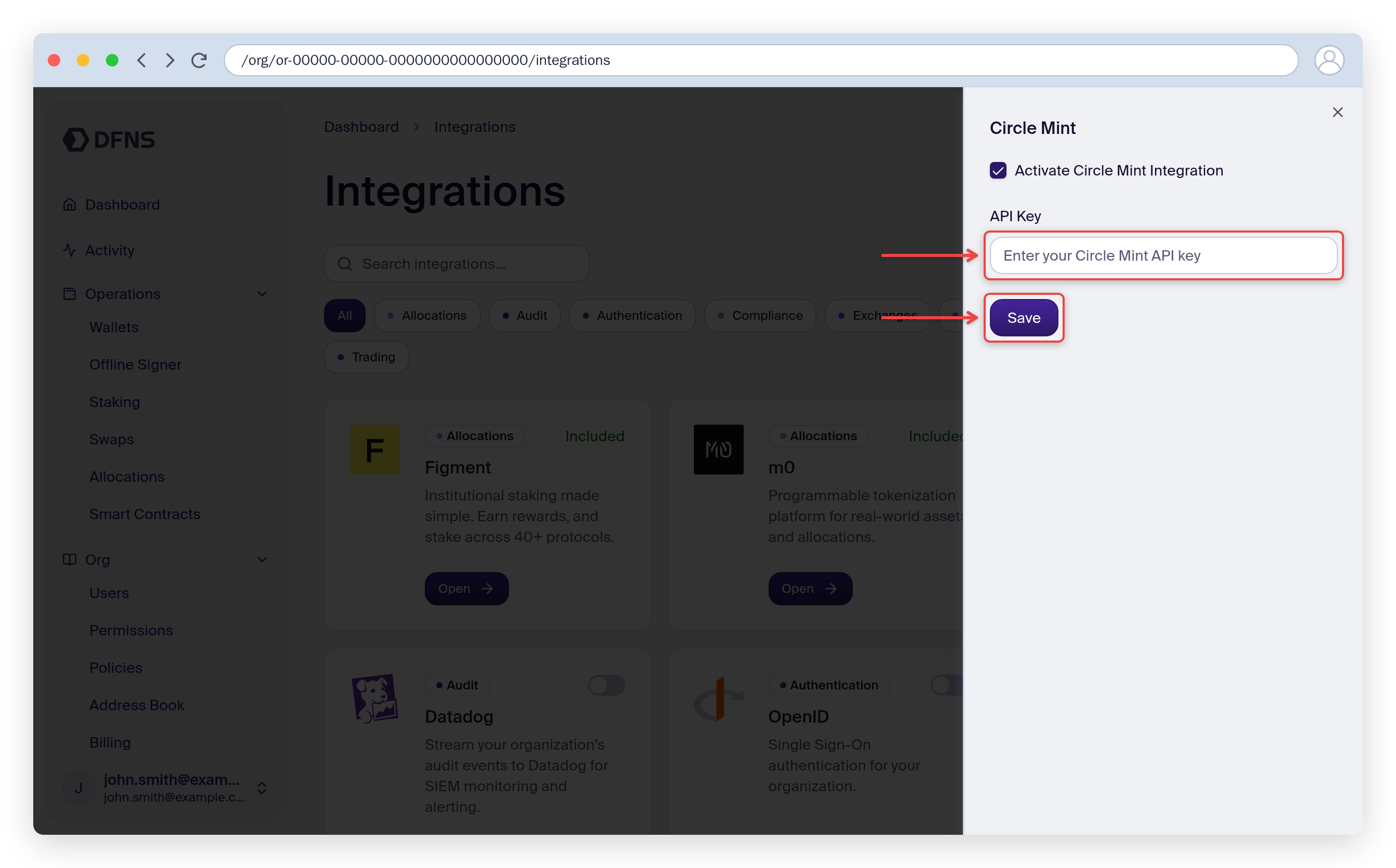 Circle Mint integration Configure form with the Activate checkbox, API Key field, and Save button