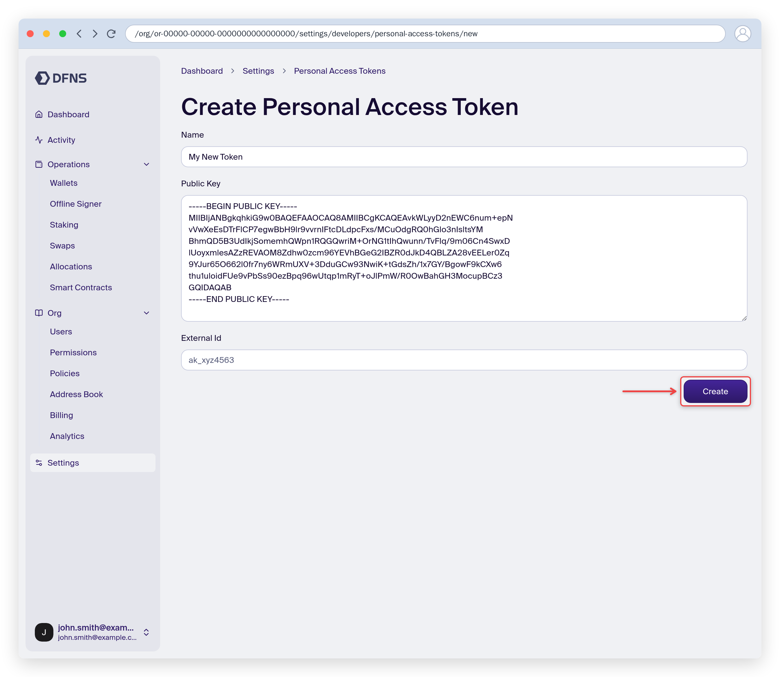 New personal access token form with a name and public key, Create button highlighted