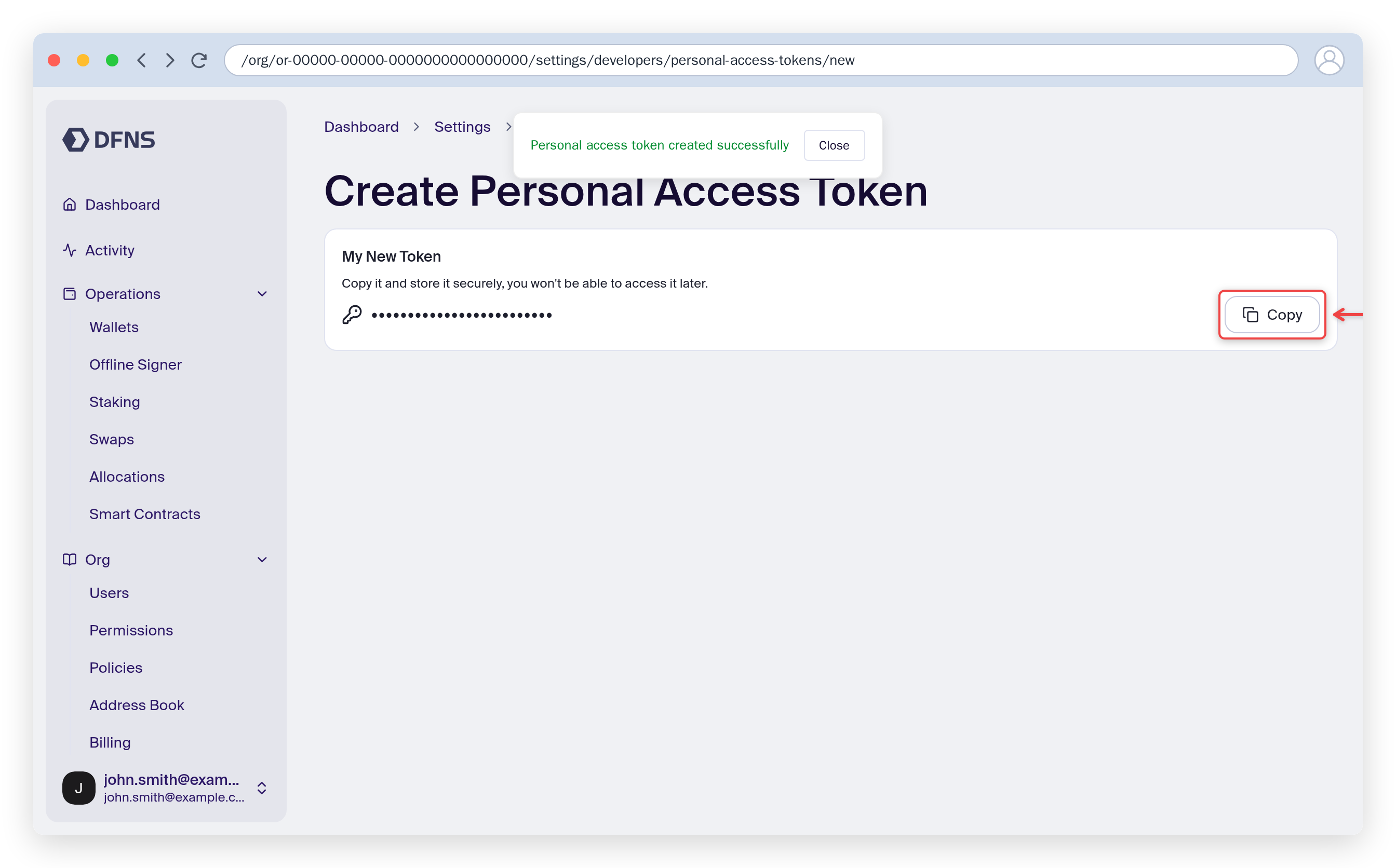 Personal access token creation showing the one-time token with a Copy button