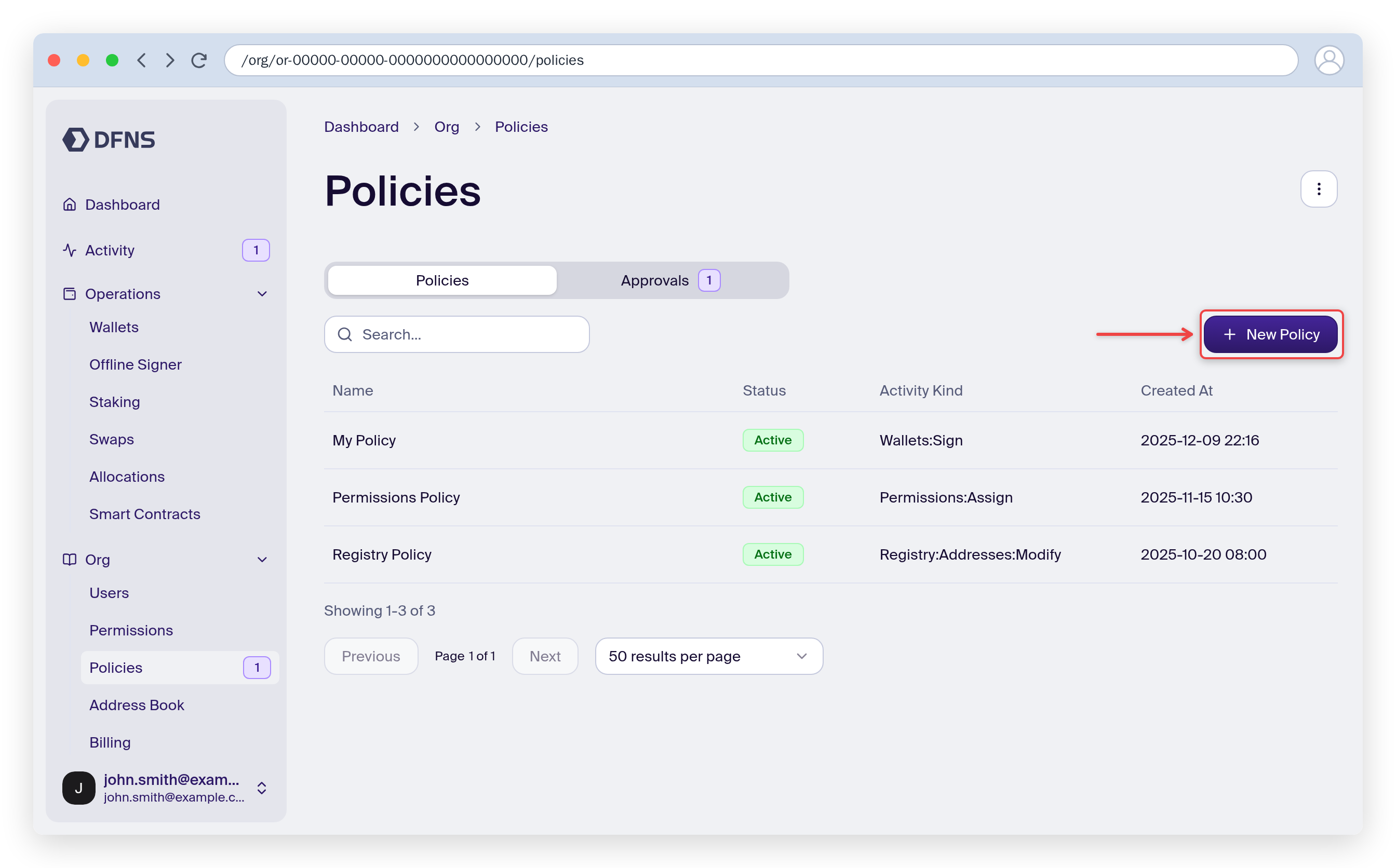 Policies page with the Create Policy button highlighted