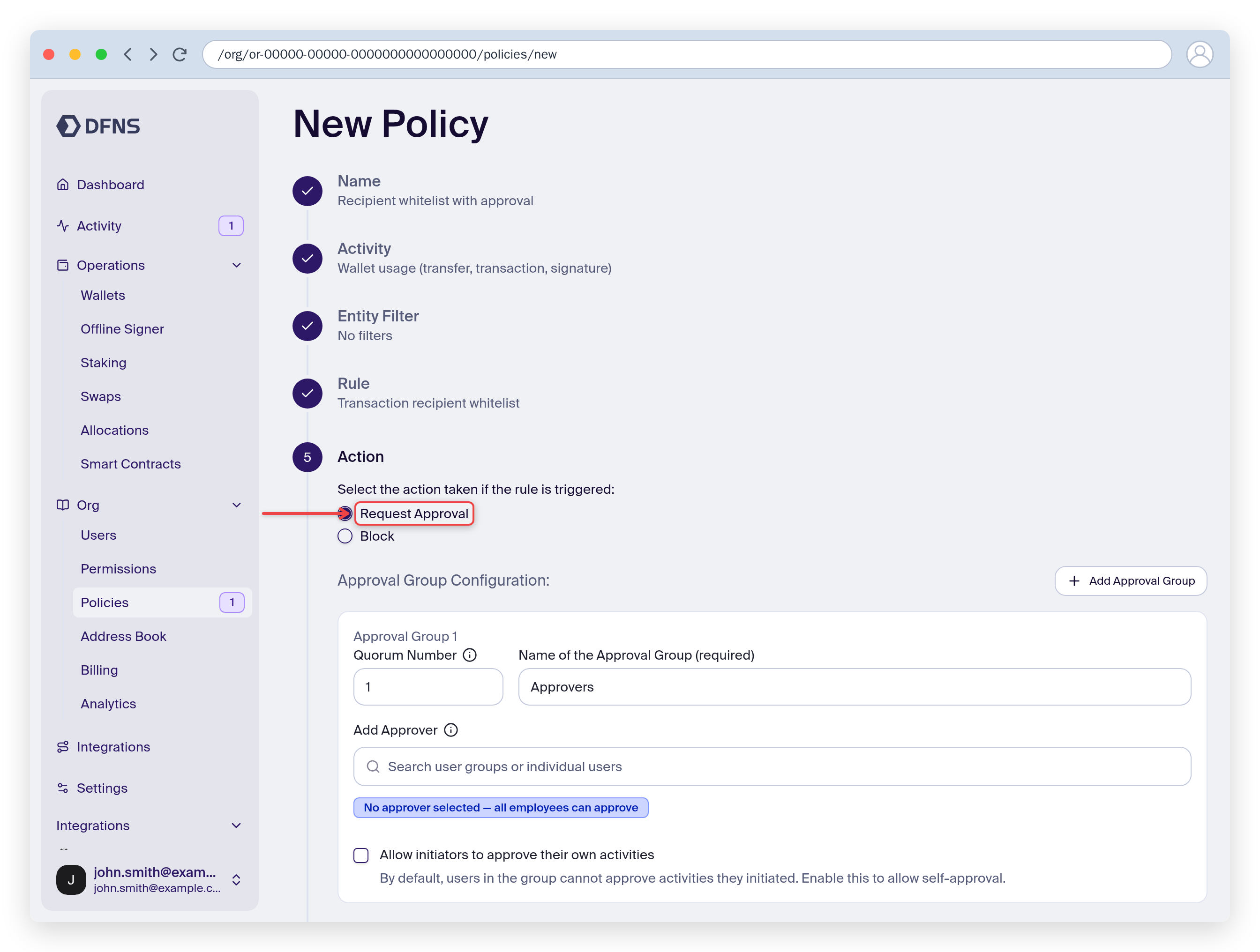 Policy wizard Action step with Request Approval and an approval group