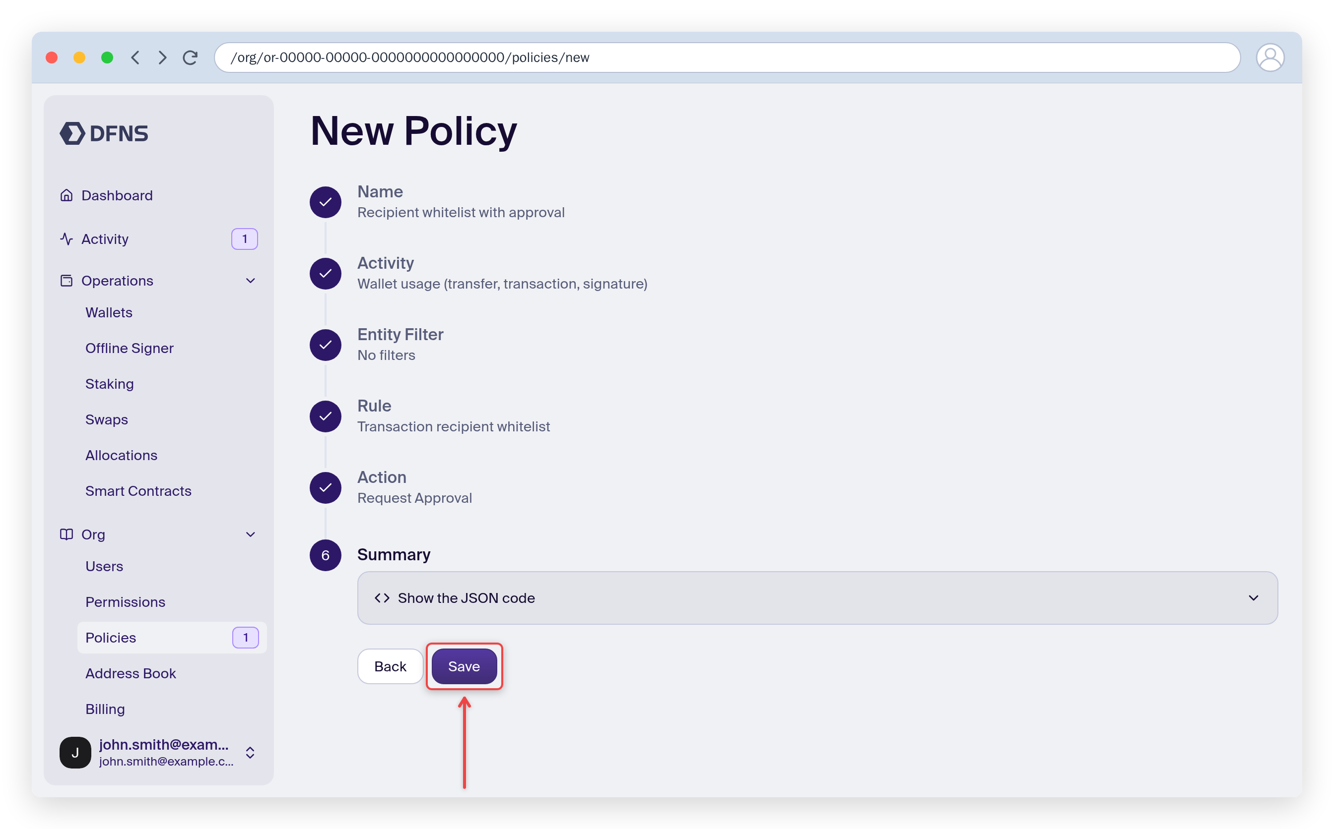 Policy wizard Summary step with the Save button highlighted