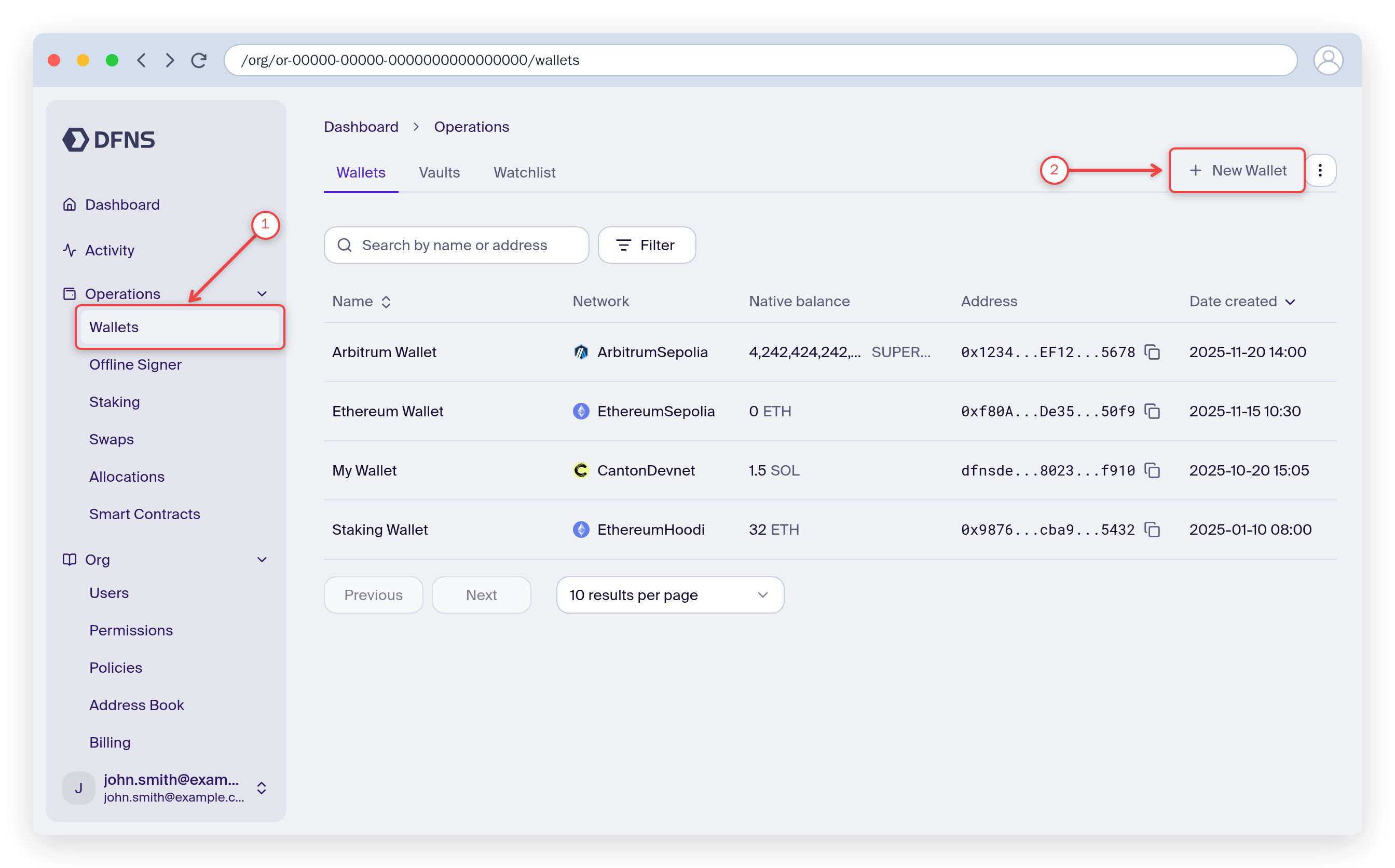 Wallets page with the Wallets menu item and the Create Wallet button highlighted