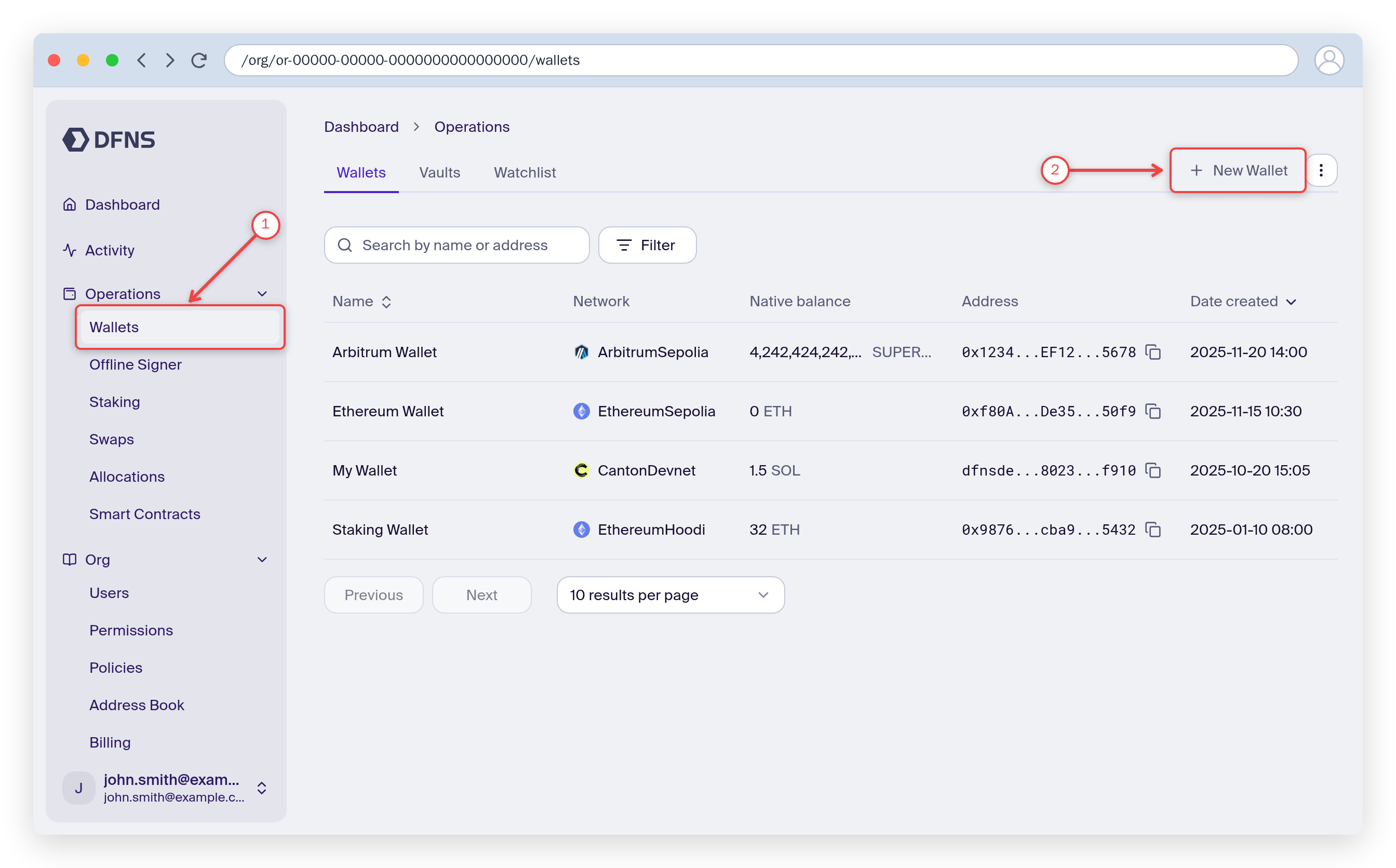 Wallets page with the Wallets menu item and the Create Wallet button highlighted