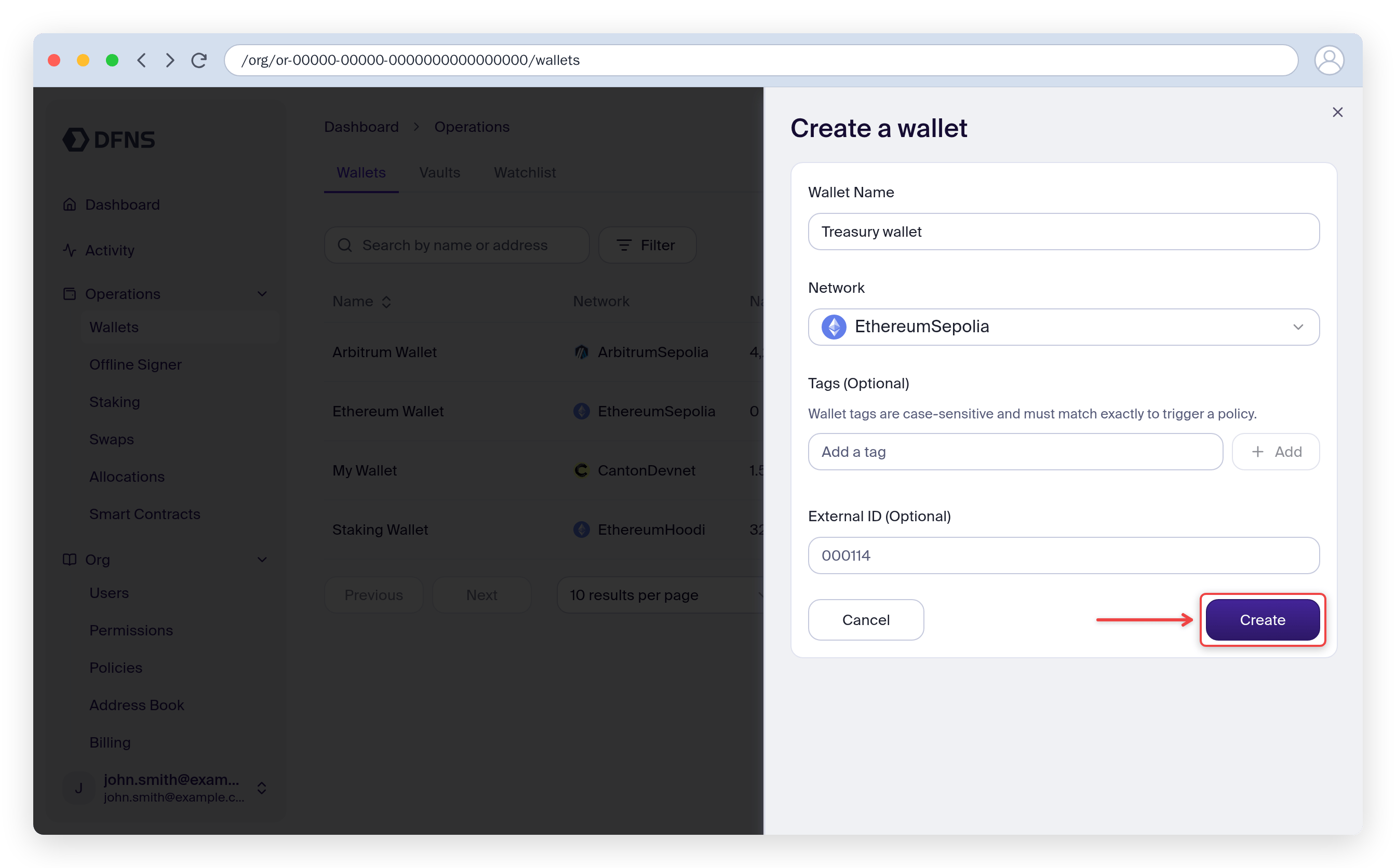 Create a wallet panel with a name and the Ethereum network selected