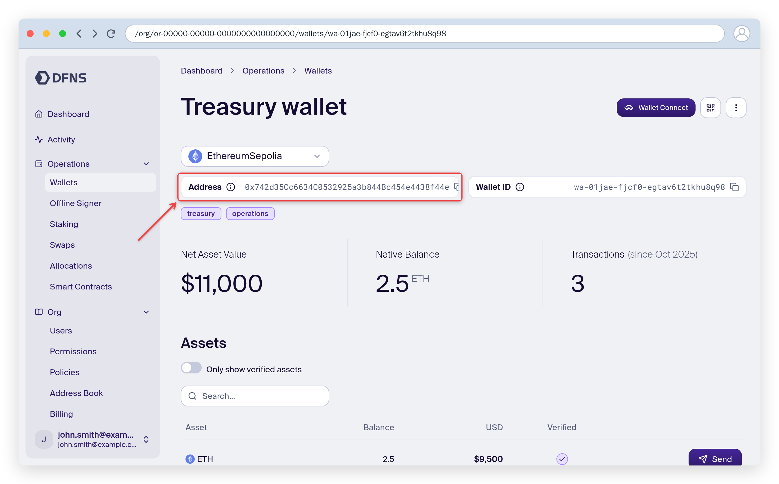 Wallet detail page showing the address, balances and assets