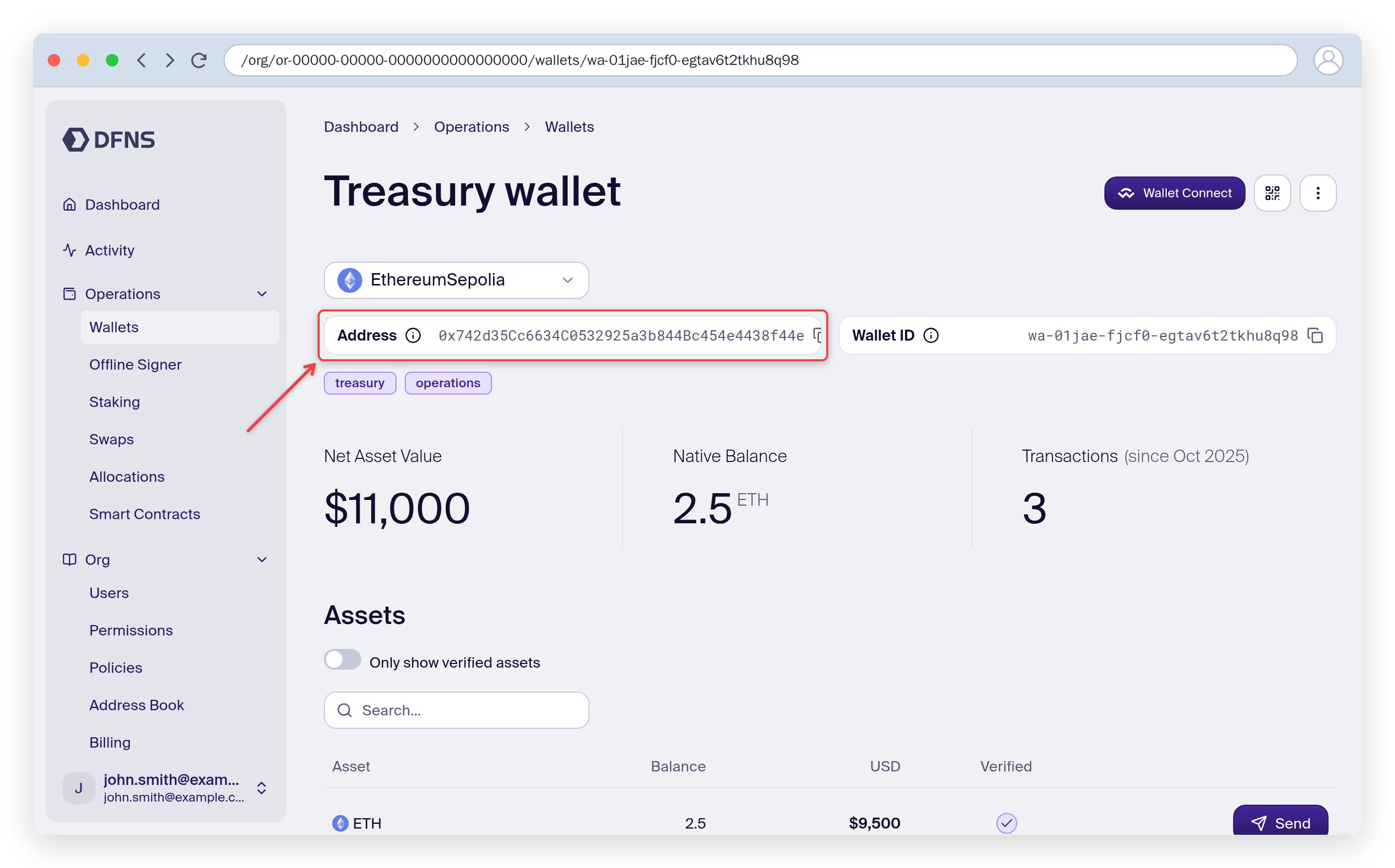 Wallet detail page showing the address, balances and assets