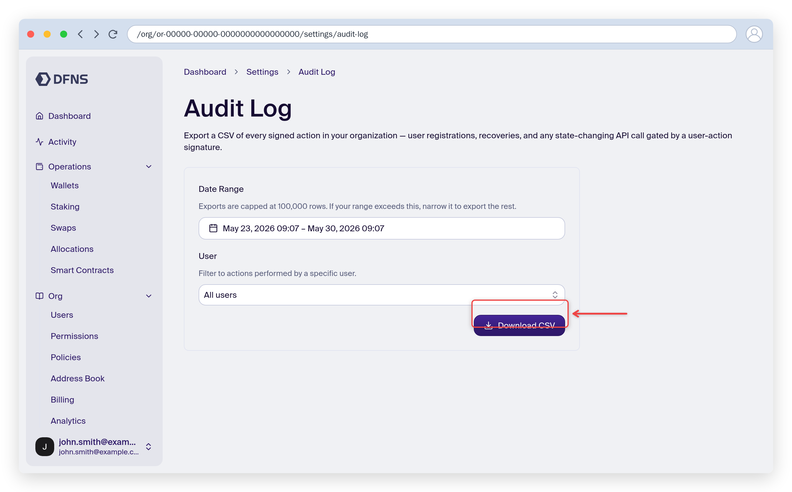 Audit Log export form showing the date range, user filter, and the Download CSV button highlighted