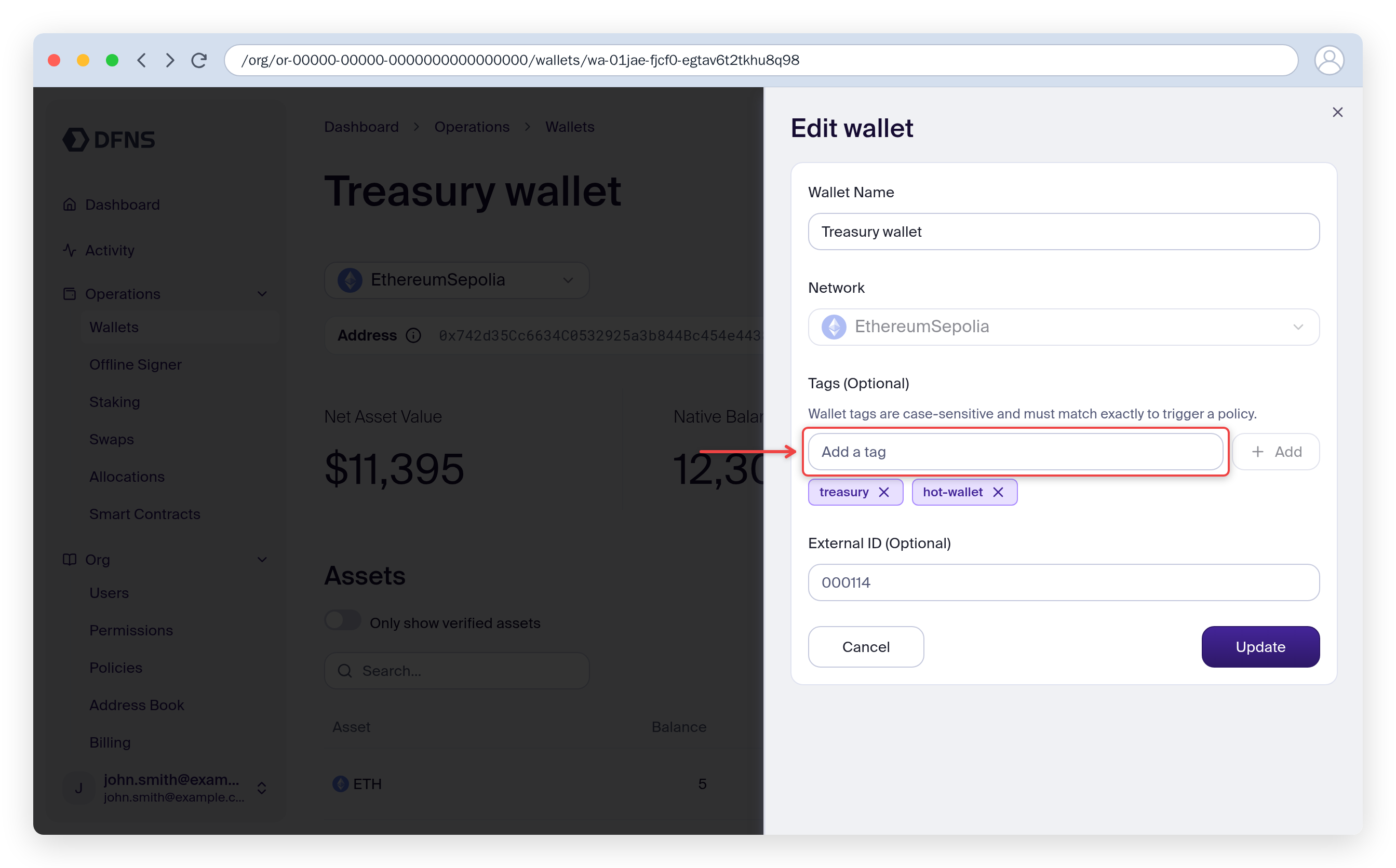 Wallet edit panel with the Tags field