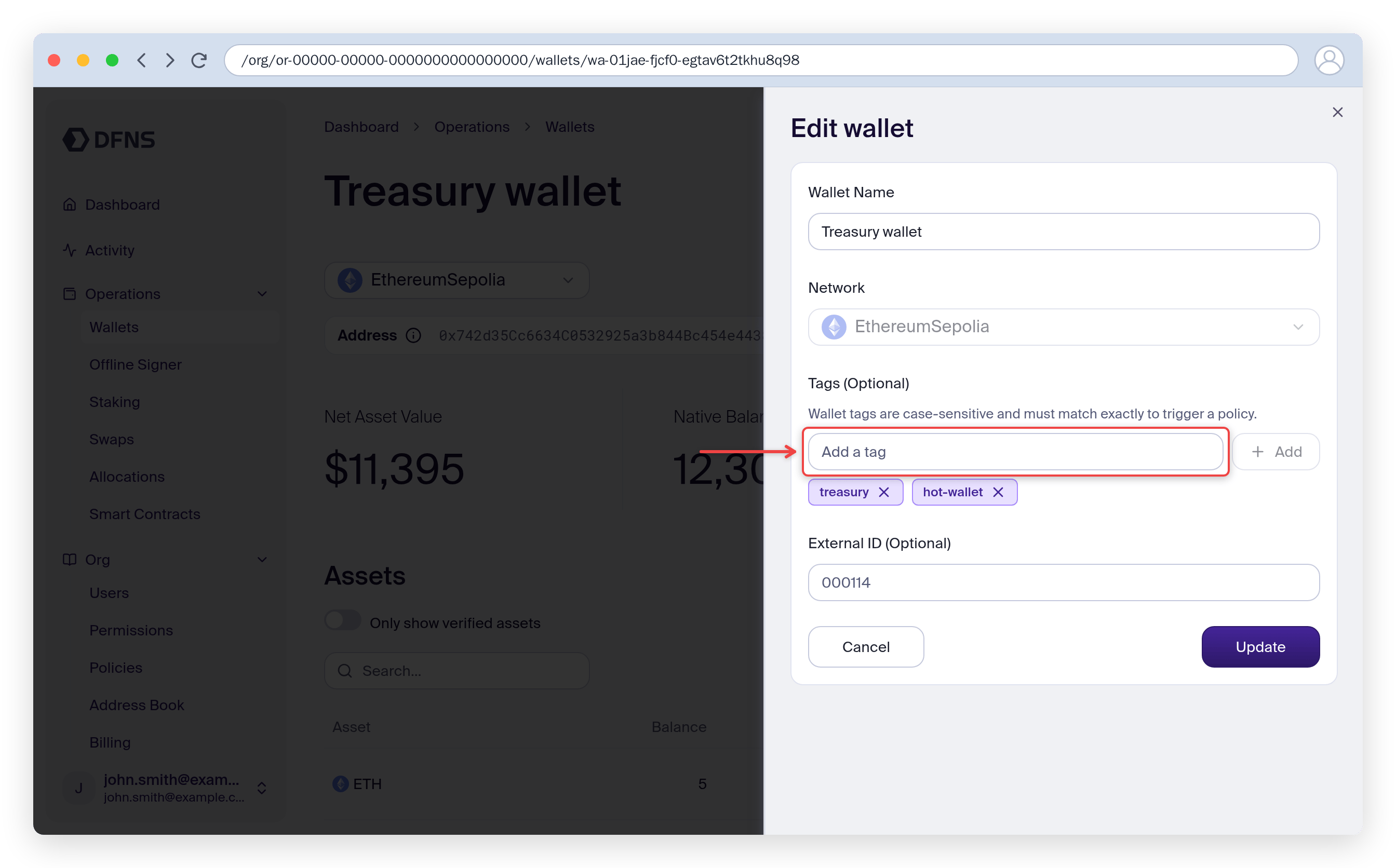 Wallet edit panel with the Tags field