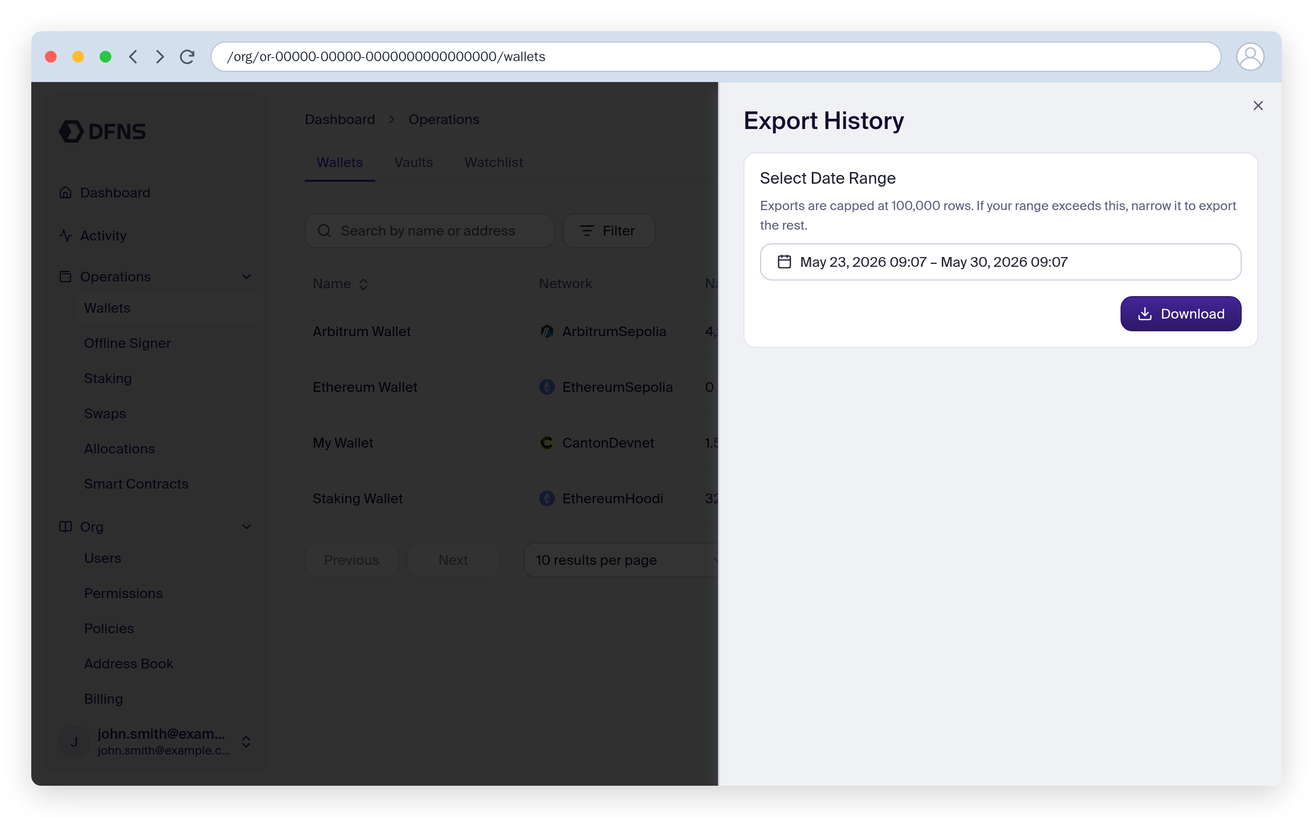 Export History panel with a date range and the Download button