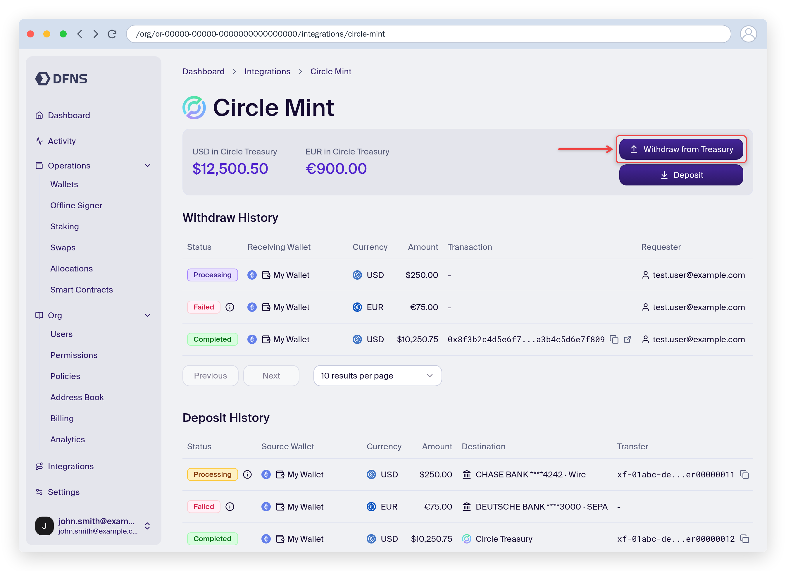 Circle Mint page with treasury balances, the Withdraw from Treasury button, and the payin history table