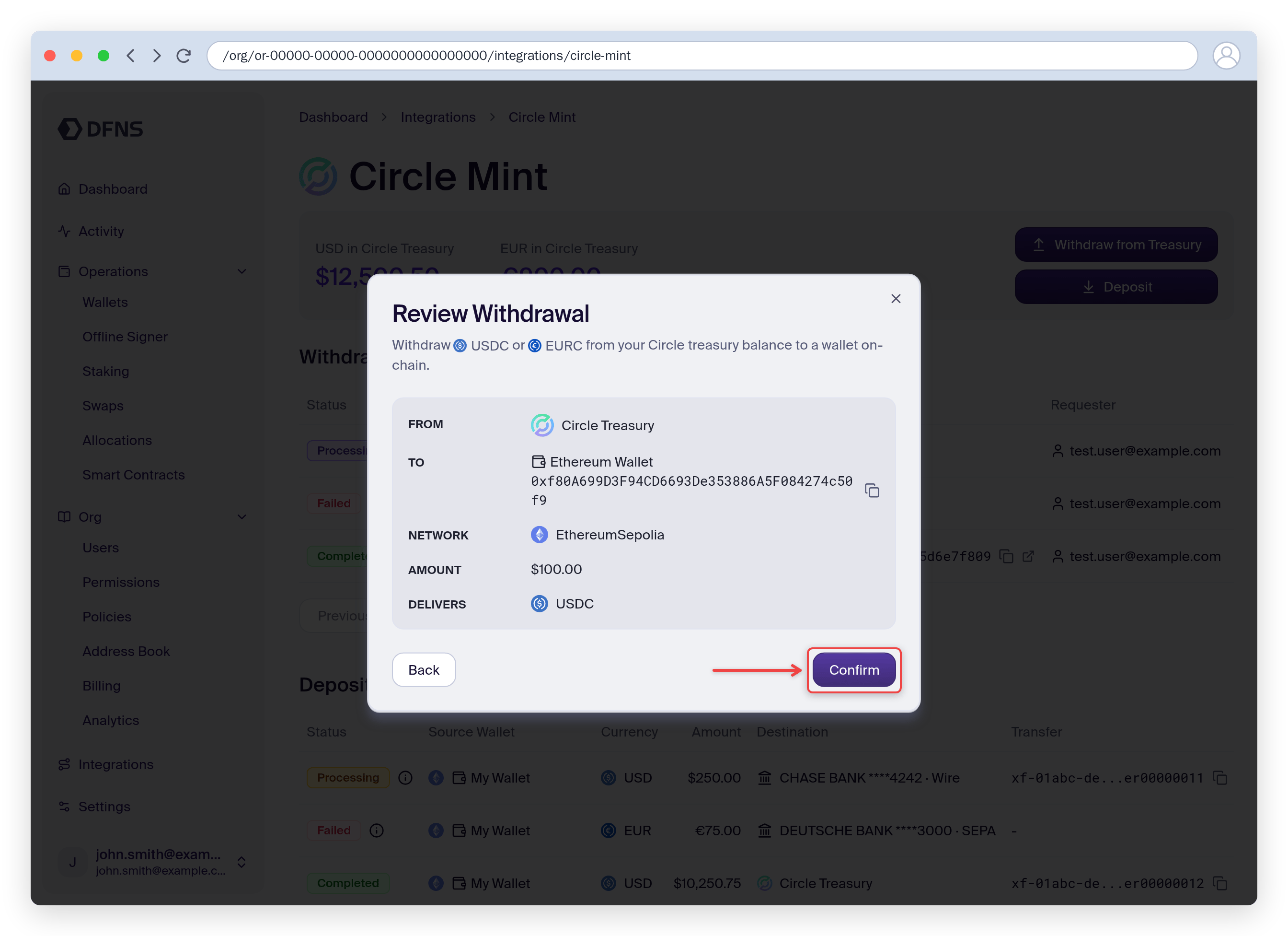 Review Withdrawal summary showing the source, destination wallet, network, amount, and delivered token, with the Confirm button