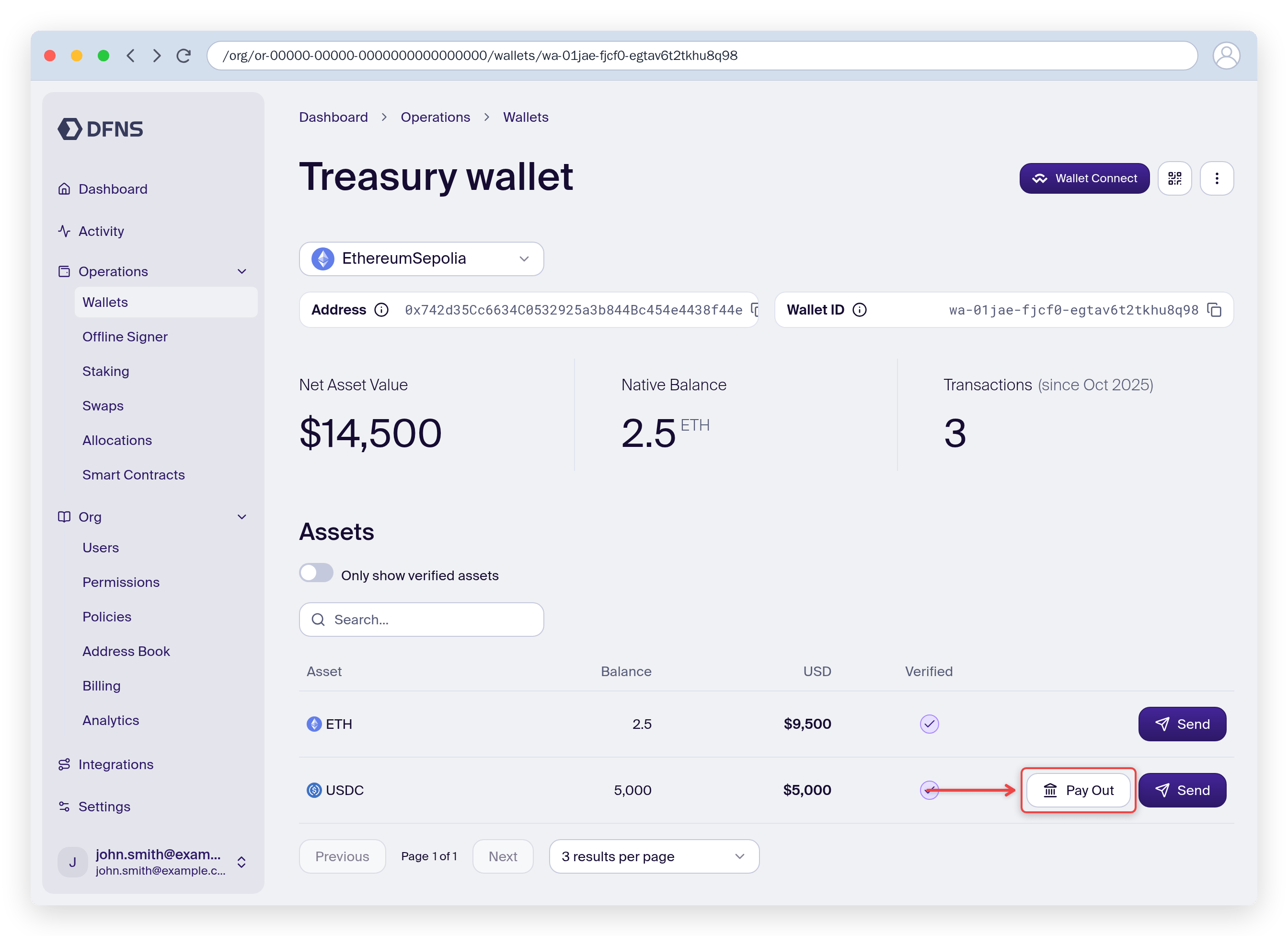 Wallet assets with the Pay Out button on the USDC row highlighted
