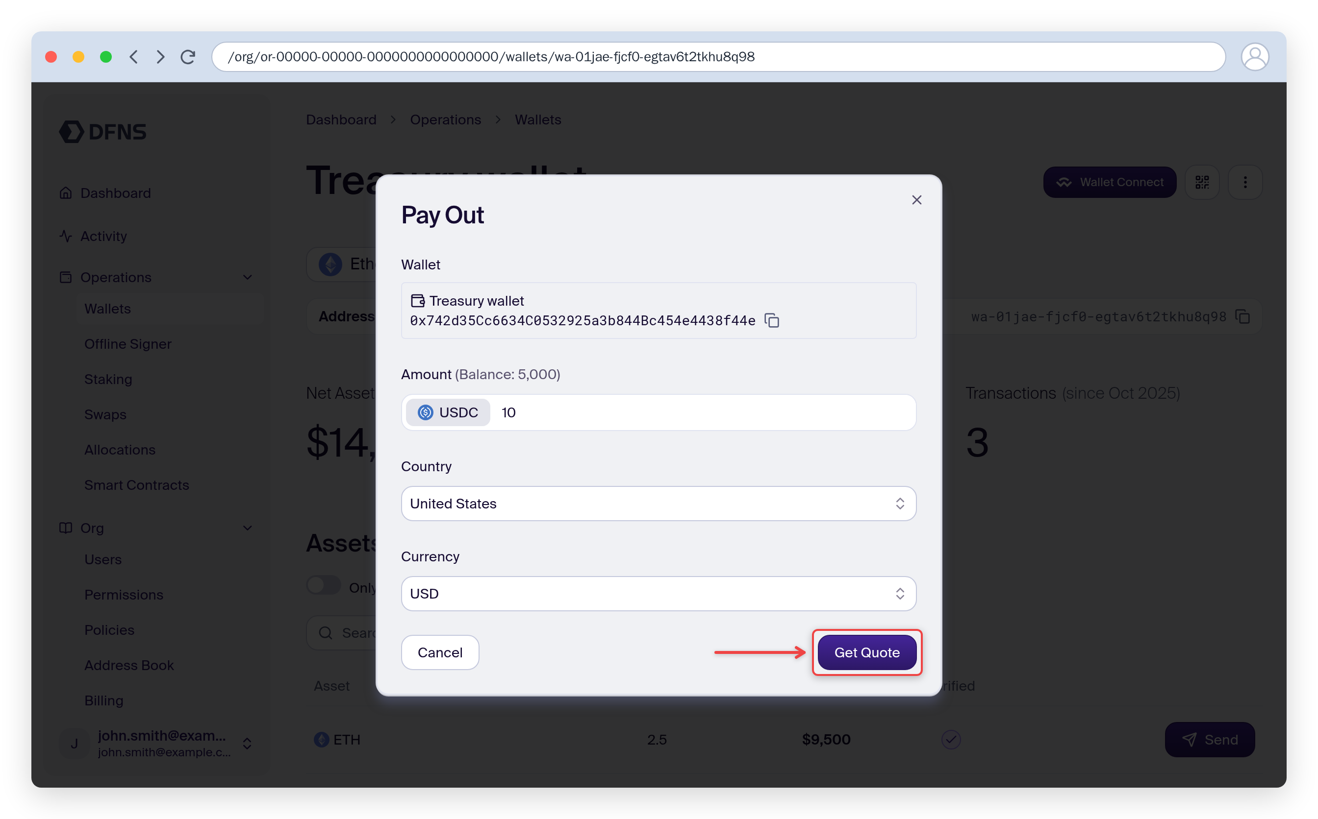 Pay Out modal with amount, destination country and the Get Quote button