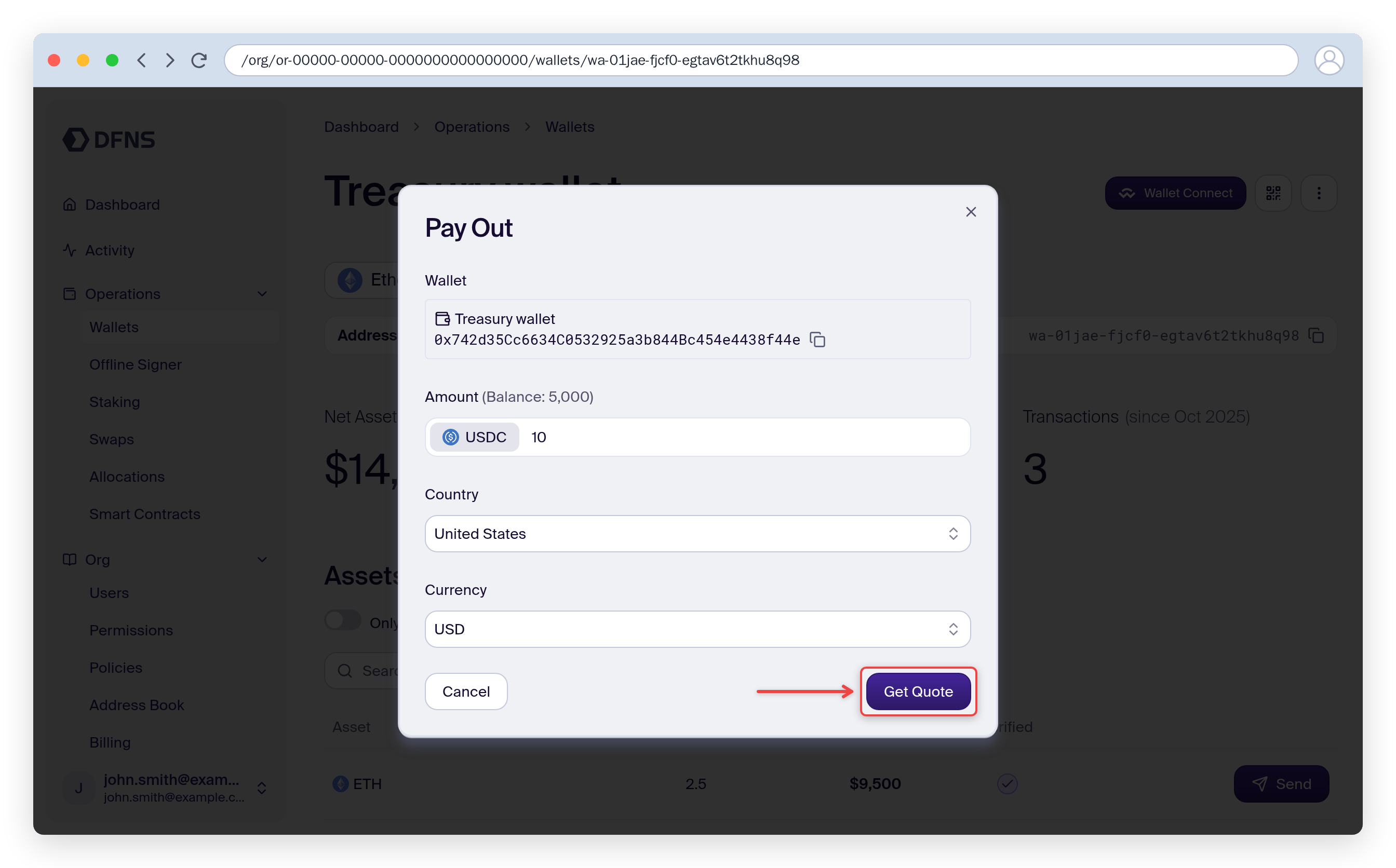 Pay Out modal with amount, destination country and the Get Quote button