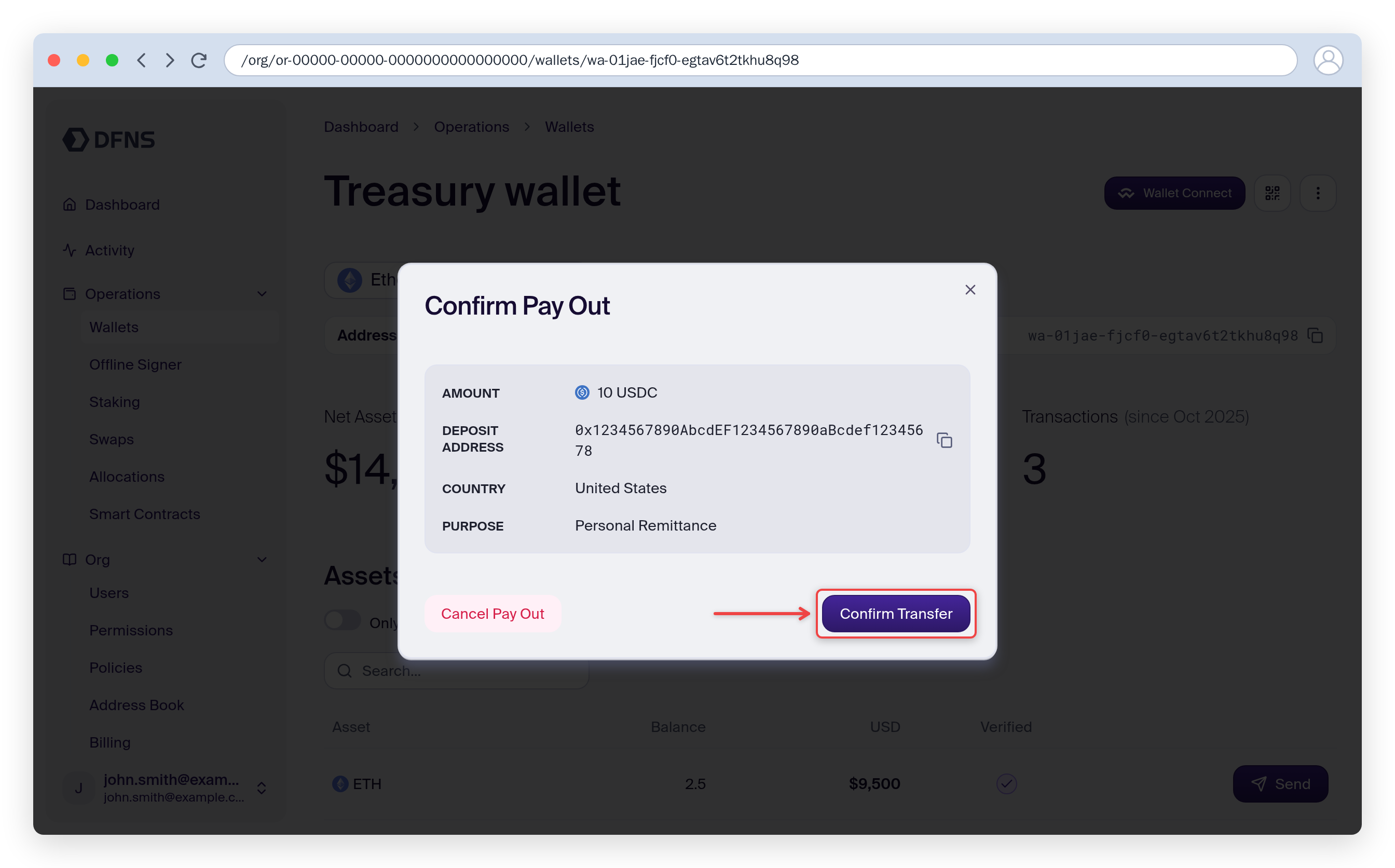 Confirm Pay Out dialog with the deposit address and the Confirm Transfer button