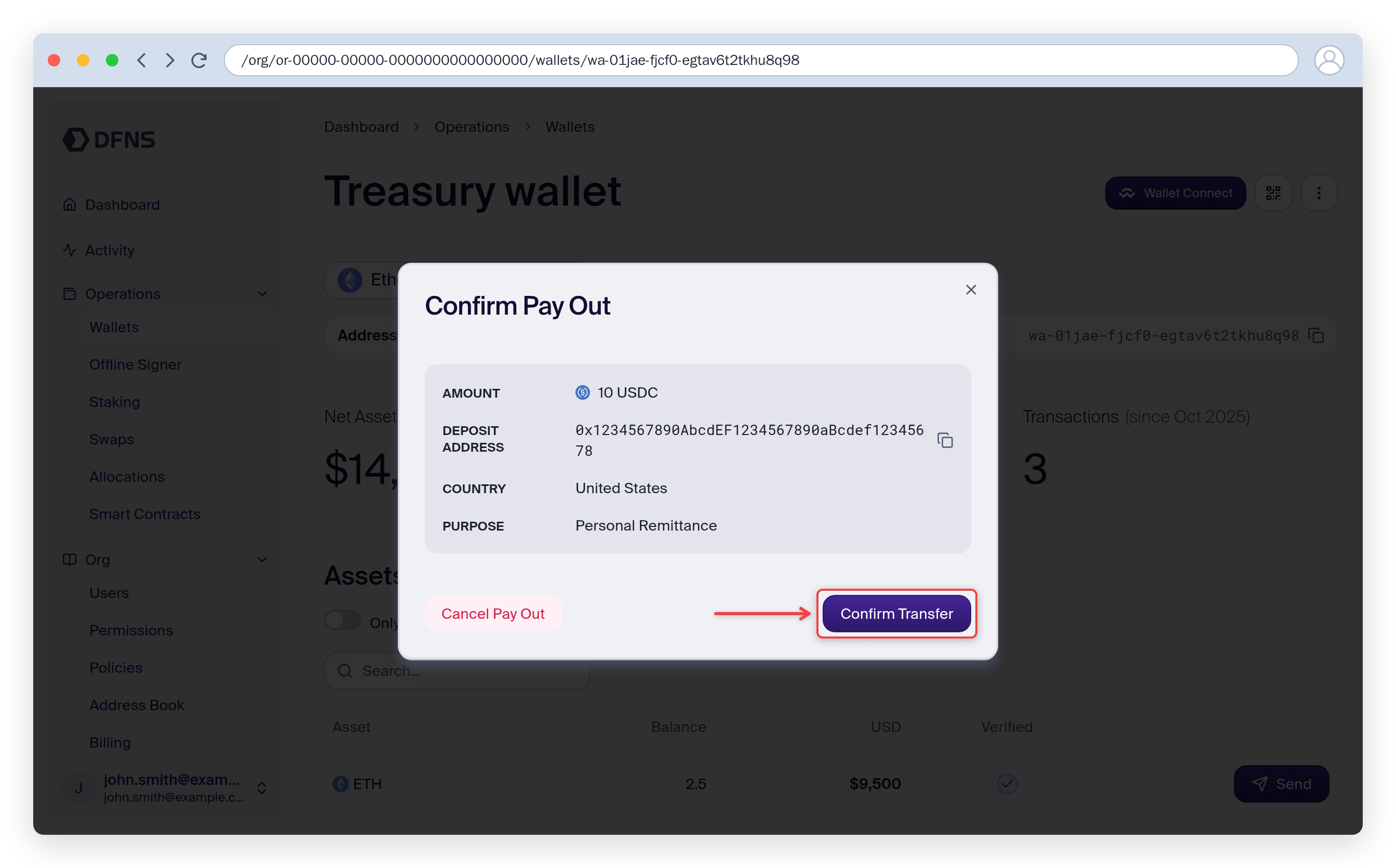 Confirm Pay Out dialog with the deposit address and the Confirm Transfer button