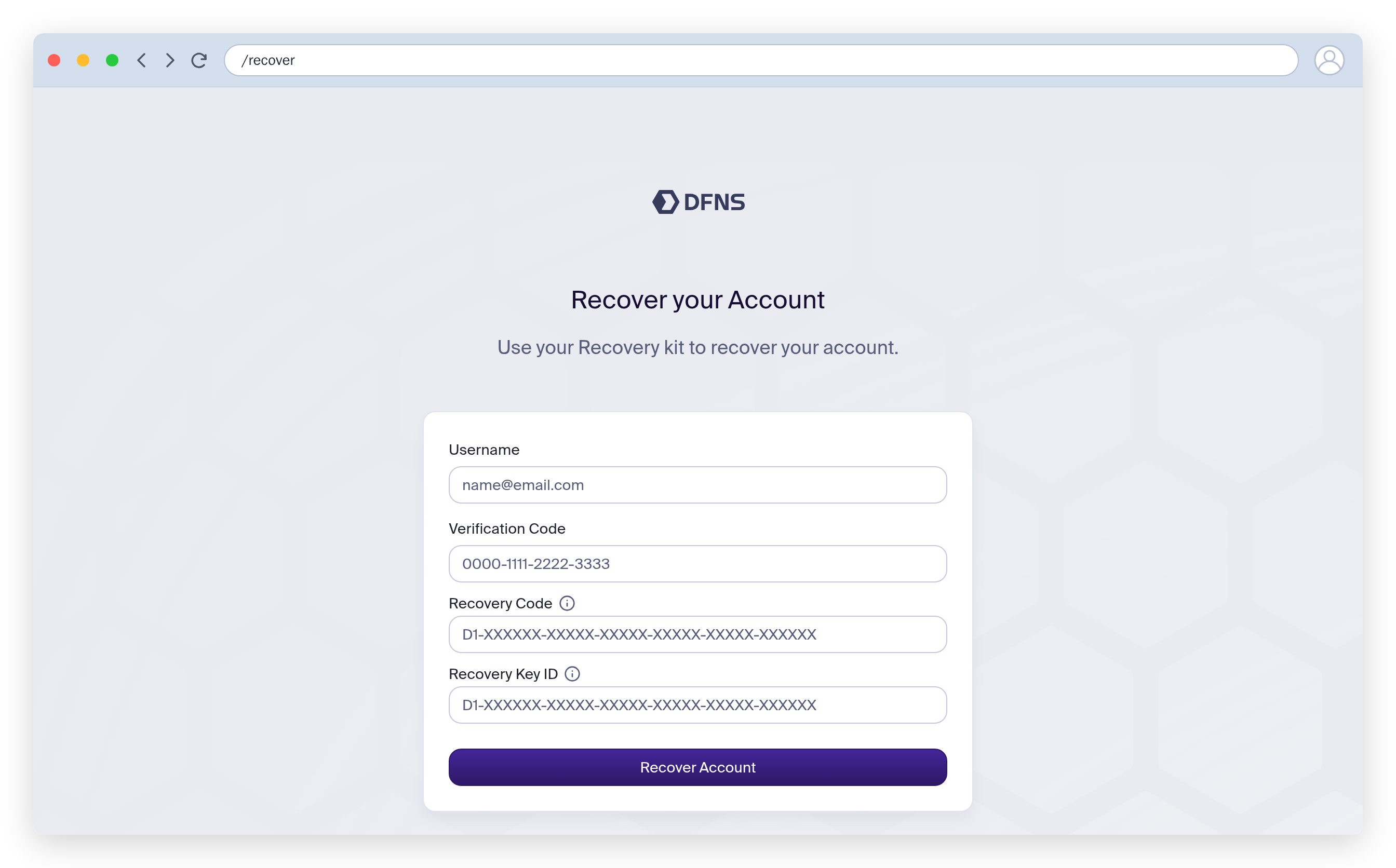Recovery form with verification code, recovery code and recovery key ID fields