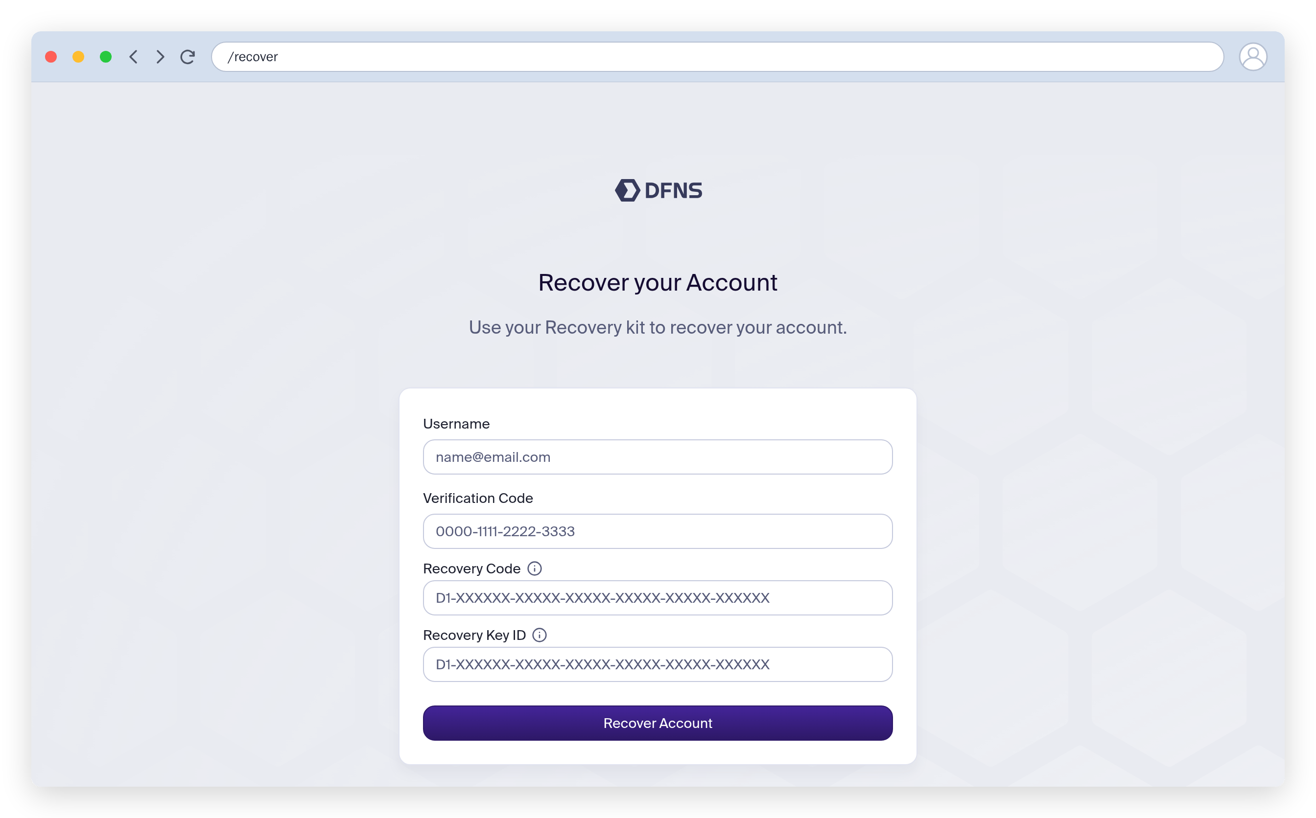 Recovery form with verification code, recovery code and recovery key ID fields