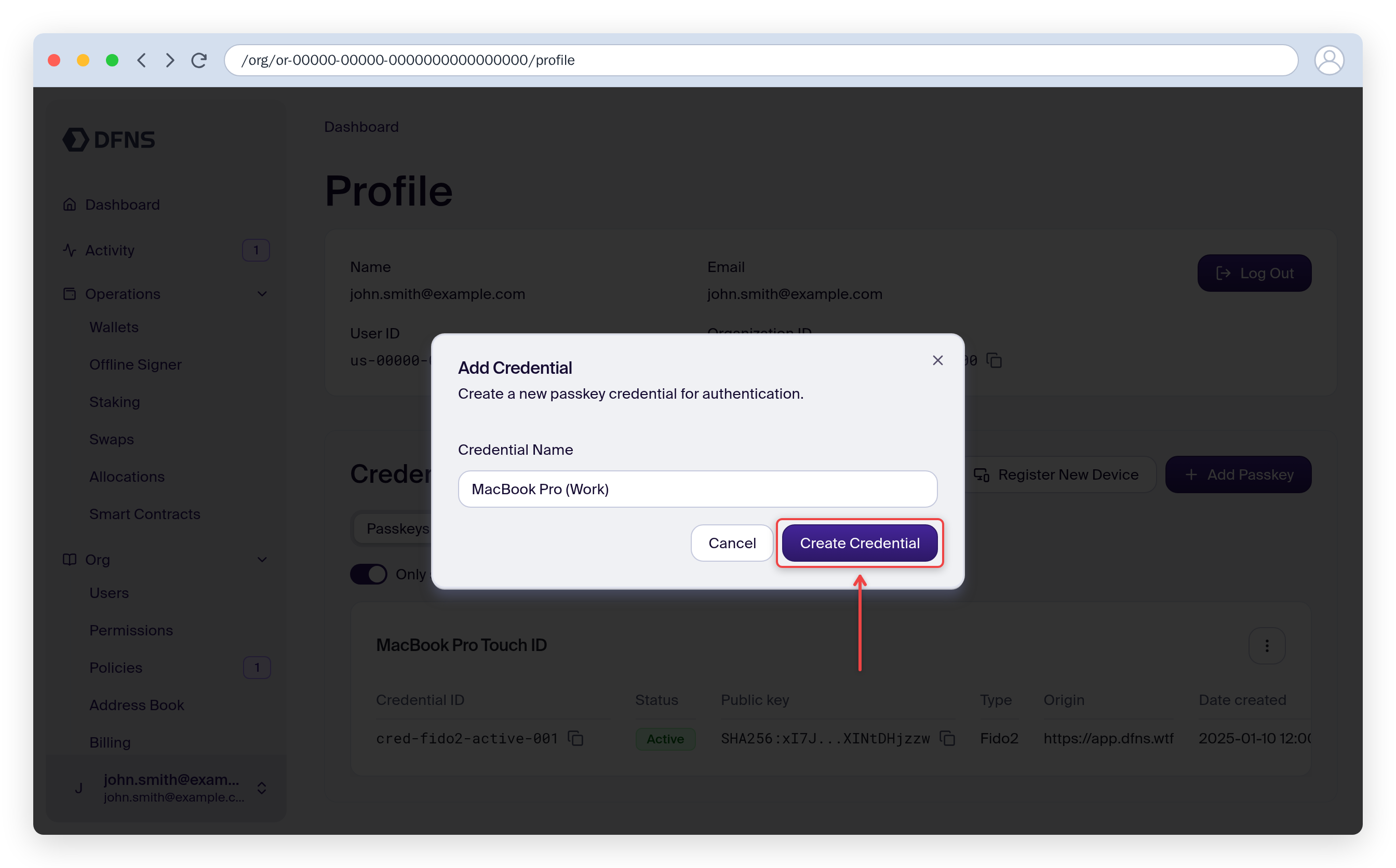 Add Credential dialog with a credential name entered and the Create Credential button highlighted