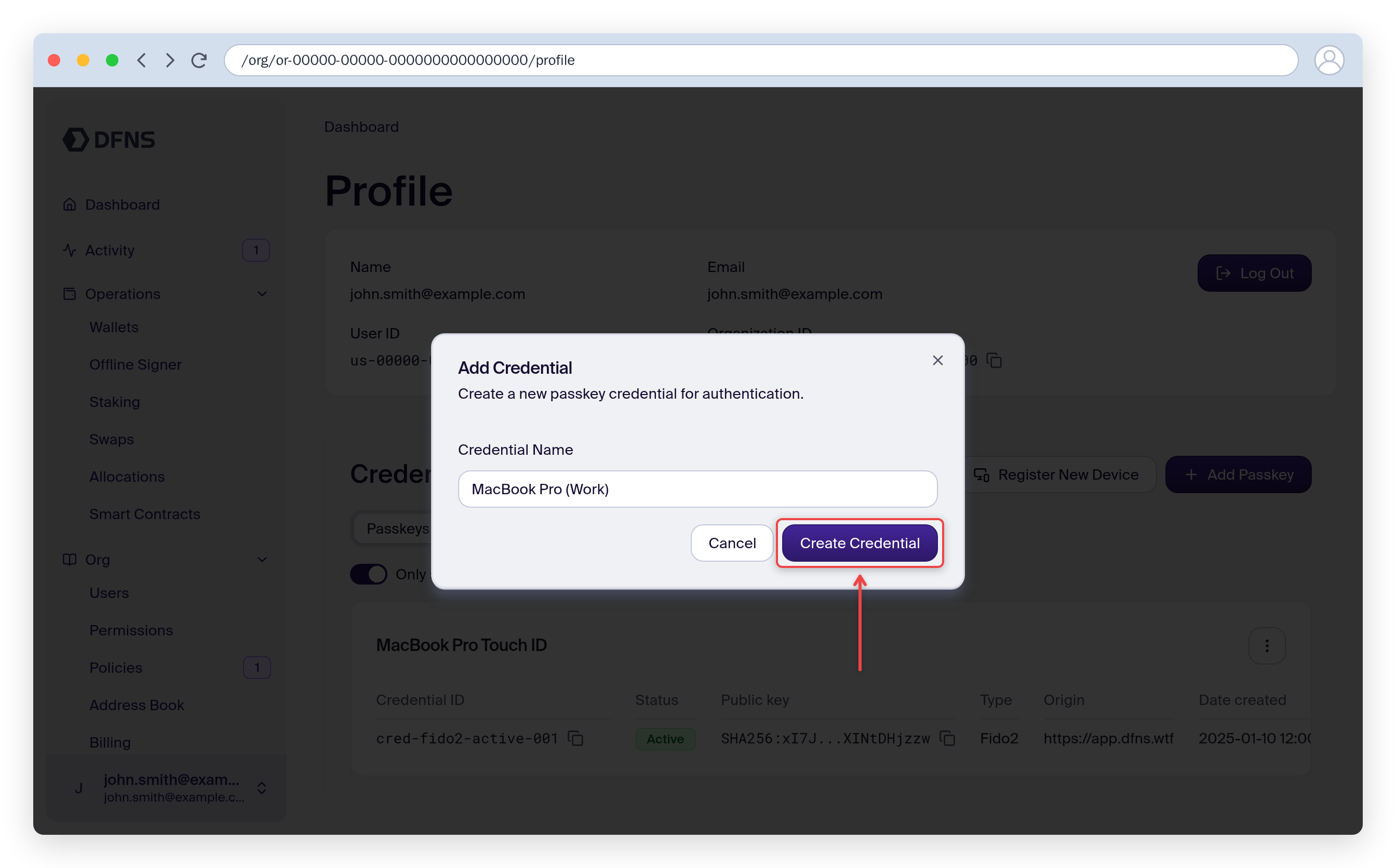 Add Credential dialog with a credential name entered and the Create Credential button highlighted
