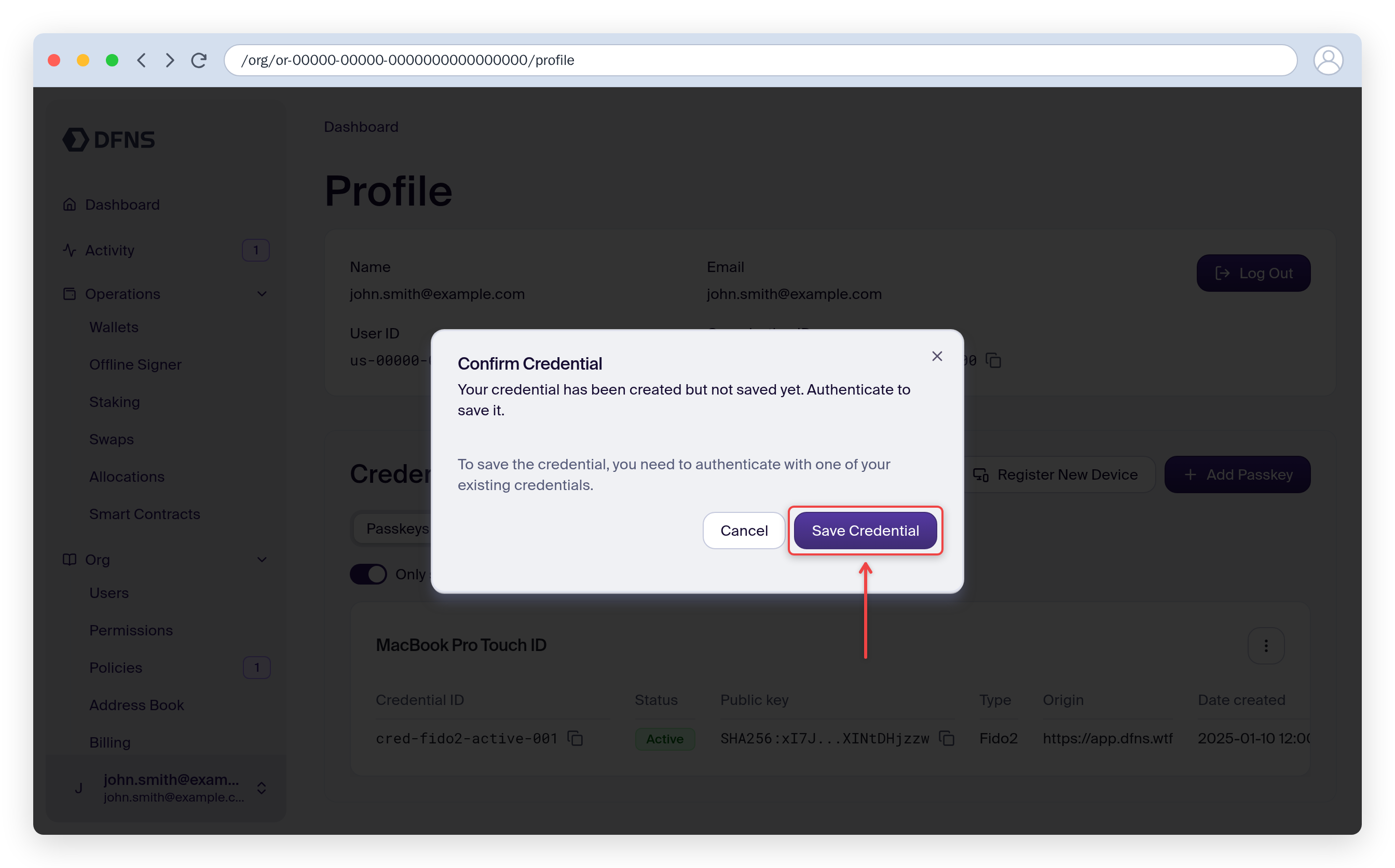 Confirm Credential dialog with the Save Credential button highlighted