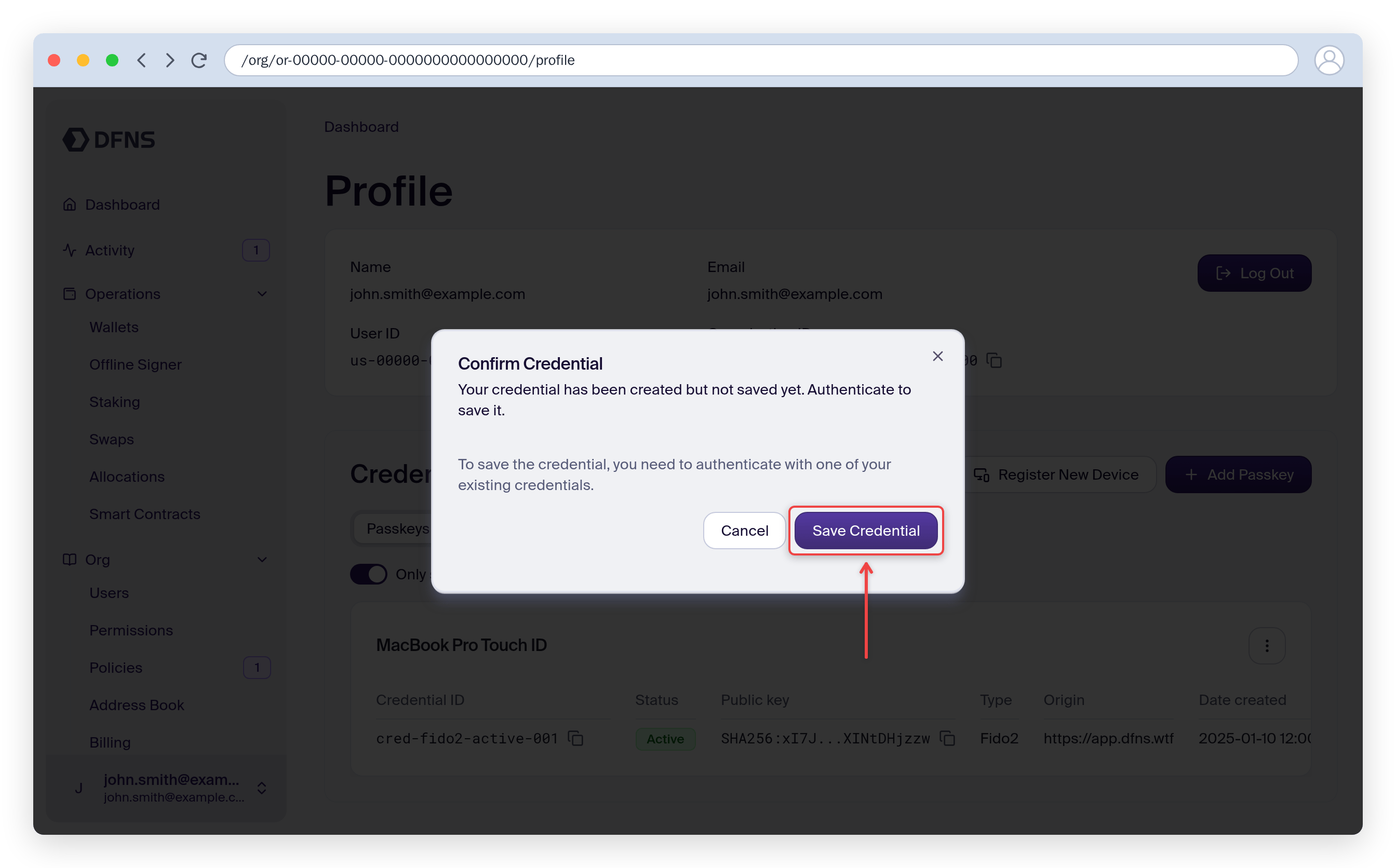 Confirm Credential dialog with the Save Credential button highlighted