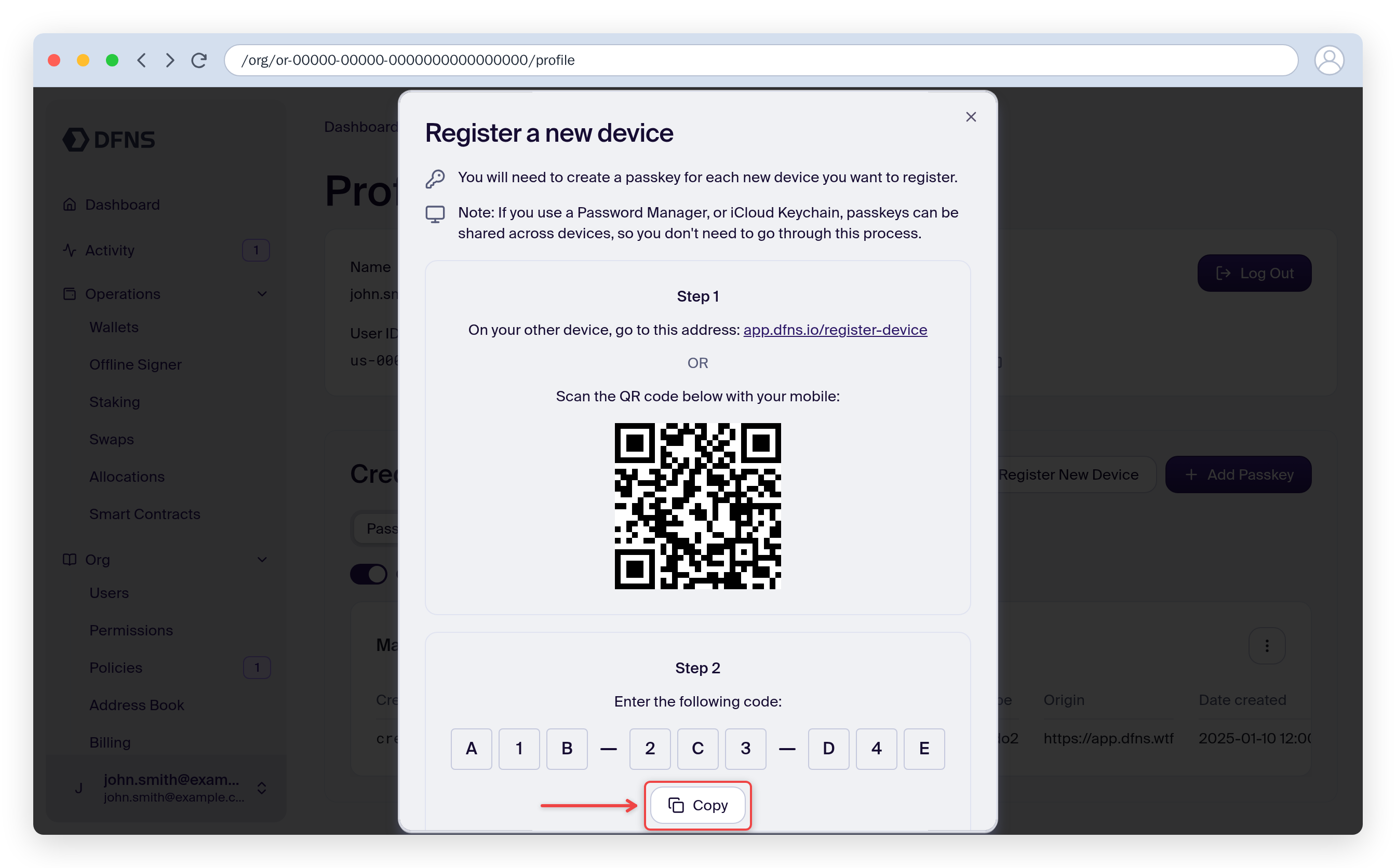 Register a new device dialog showing a QR code and the 9-character credential code