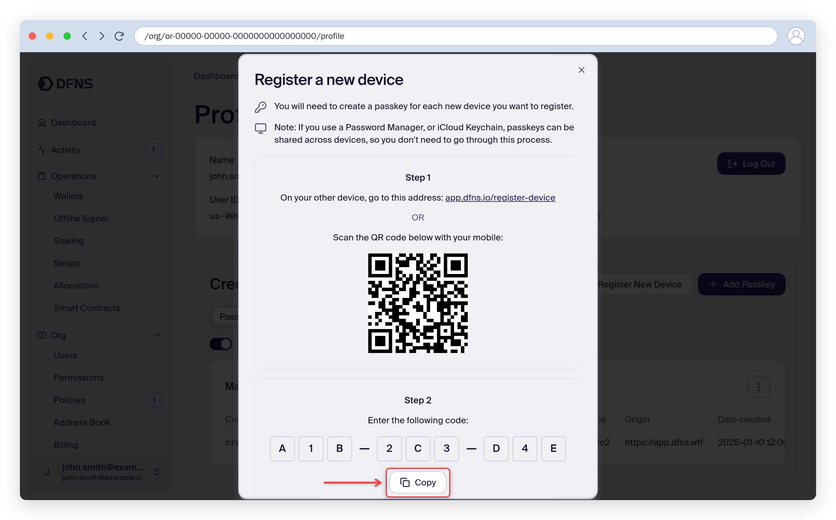 Register a new device dialog showing a QR code and the 9-character credential code